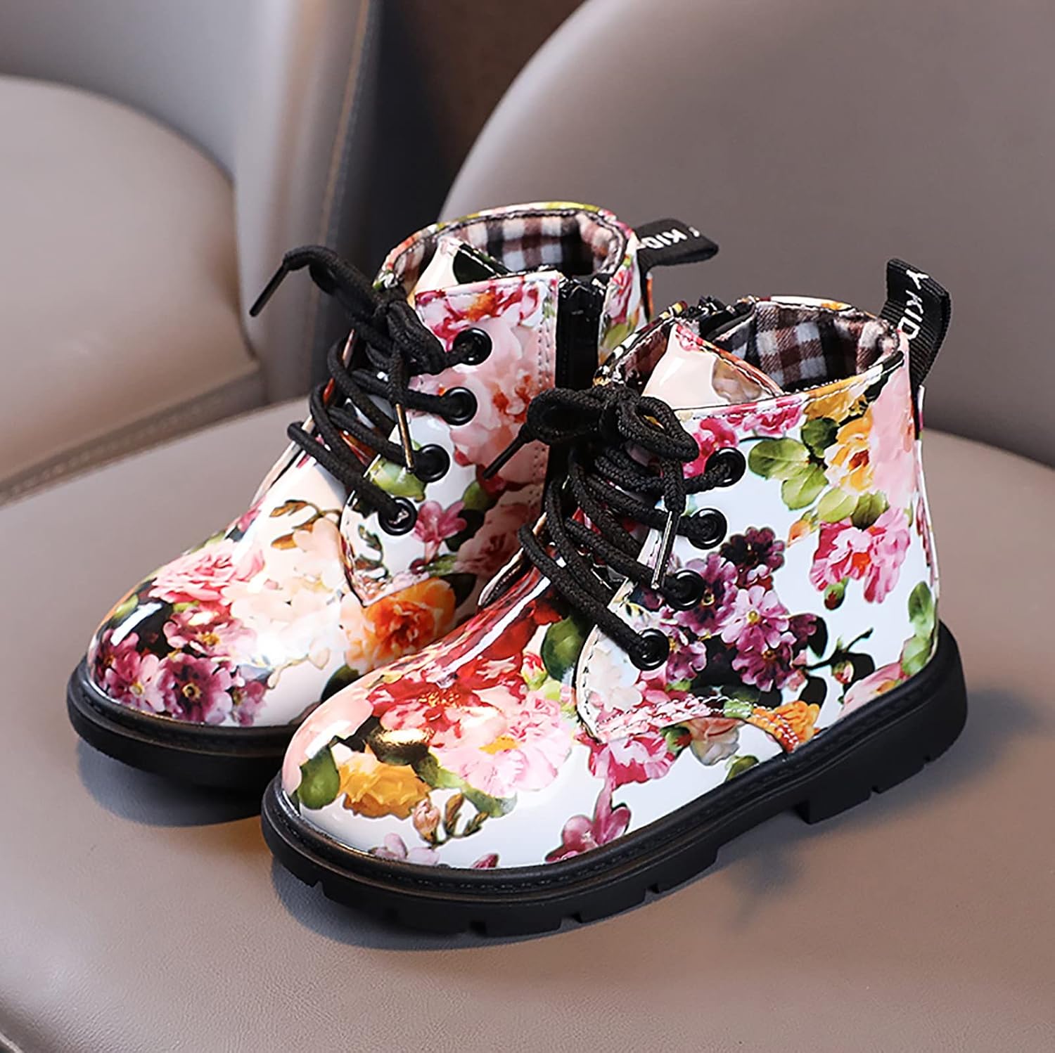 Toddler Boots Boys And Girls Waterpoor Ankle Boots Side Zipper Booties Floral Print Short Boots Black Jazz Shoes