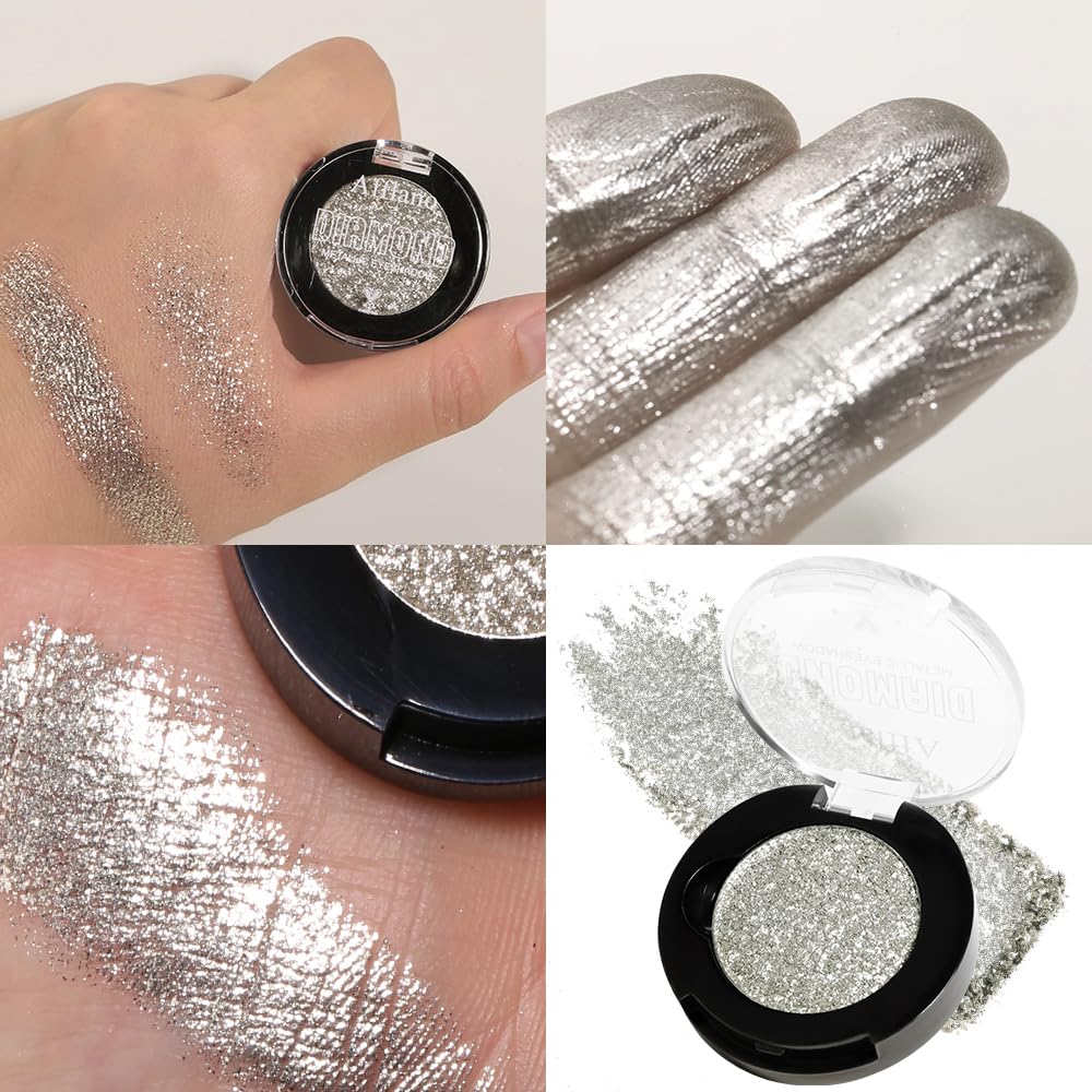 Afflano Silver Glitter Eyeshadow Palette Super Pigmented, Single Parkle Shimmer Silver Eyeshadow Palette - Image 4