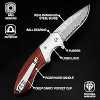 Vista 3 de KOMWERO Cuchillo de bolsillo de Damasco, cuchillo afilado de acero de damasco con núcleo VG10 de hoja de acero mango de madera, cuchillo plegable