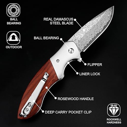 Miniatura 10 de KOMWERO Navaja de bolsillo de Damasco con clip para hombre, cuchillos plegables de acero Damasco VG10, cuchillo de damasco EDC con funda de cuero