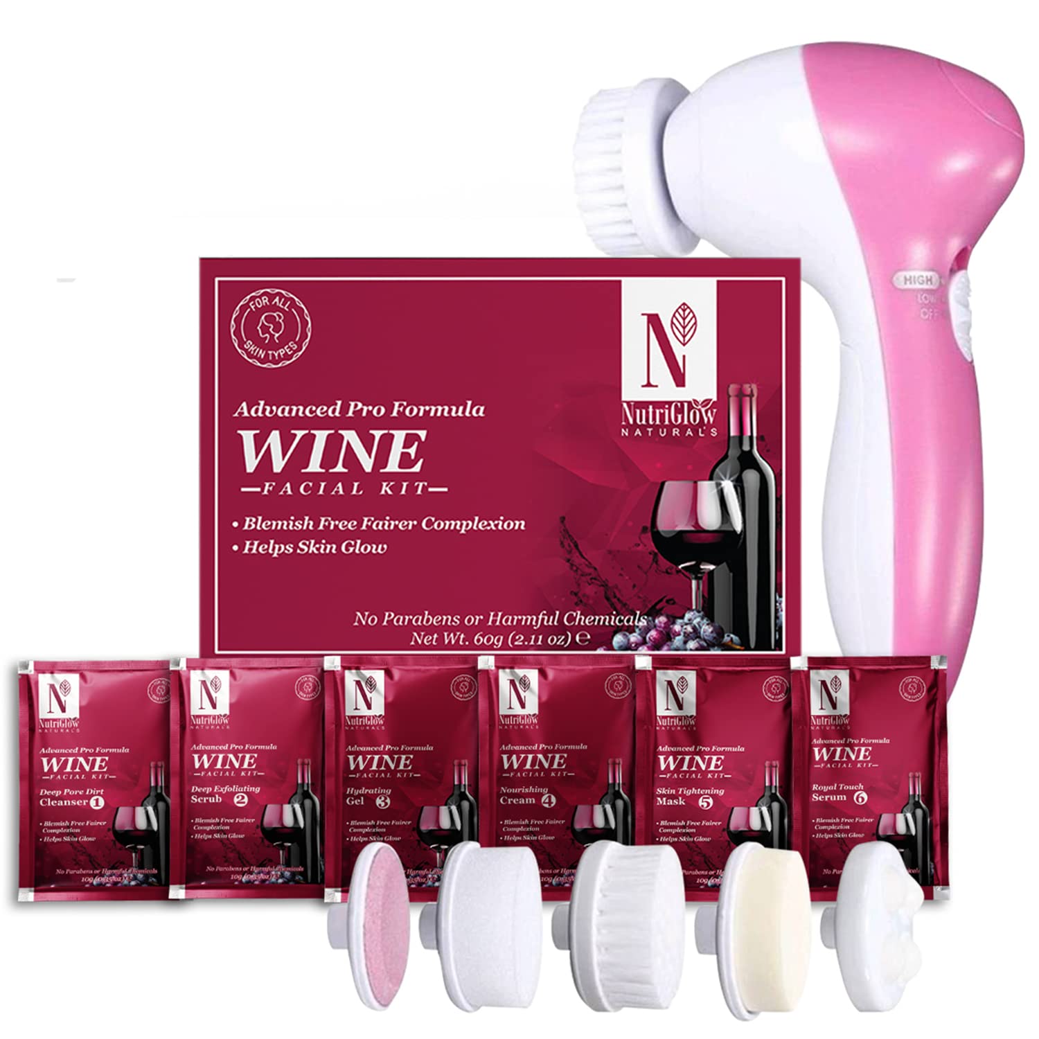 NutriGlow NATURAL'S Advanced Pro Formula Wine Facial Cleanup Kit for Glowing Skin| Blemish Free, Remove Blackheads, Fairer Complexion| 60gm with 5 in 1 Rotating Face Massager