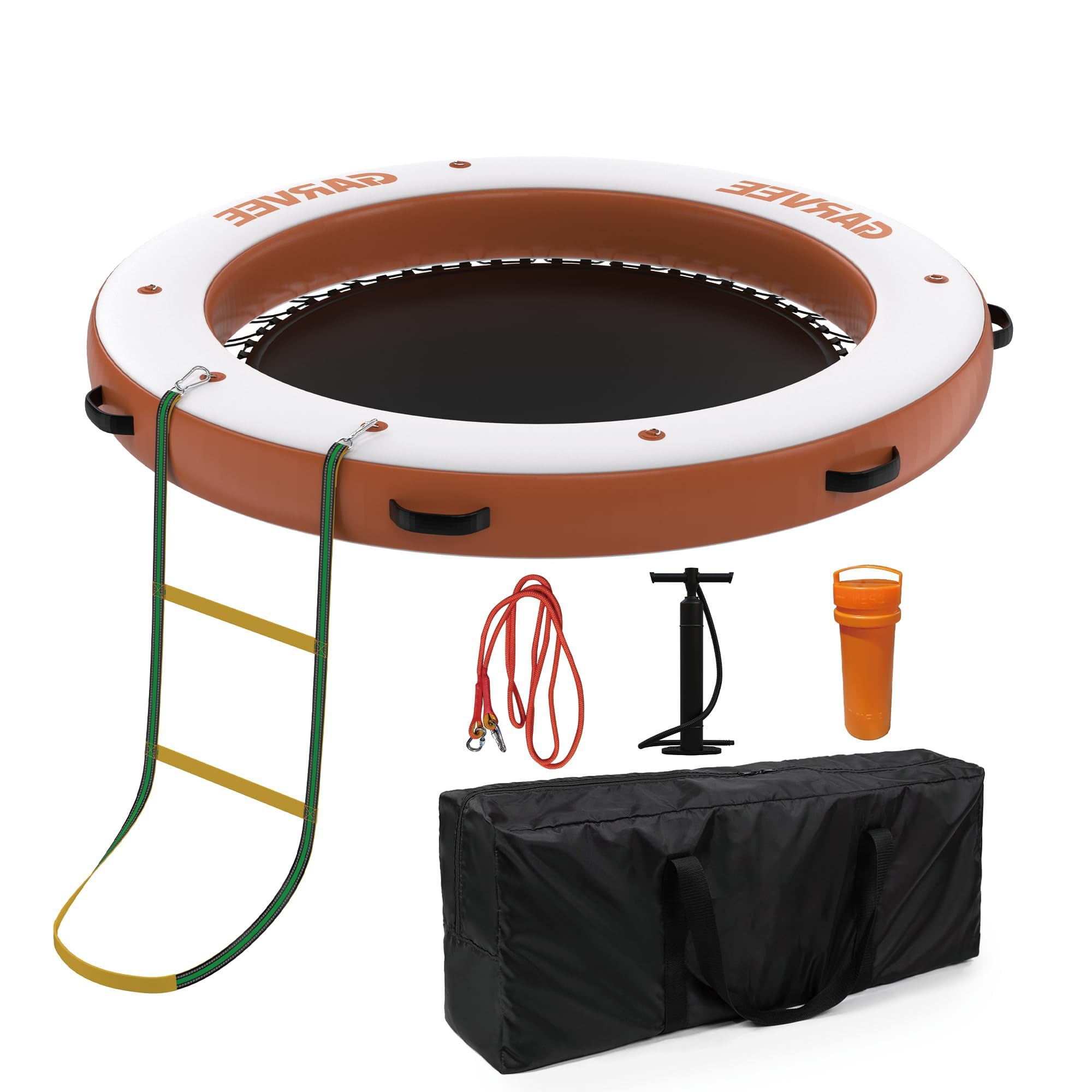 Lidzopas Inflatable Floating Dock, Round 8×8FT Raft, Heavy Duty PVC with Mesh Swim Area & Non-Slip EVA Deck, Equipped with Rope Ladder, Holds 4-7 Adults for Lake, Pool, Beach and Boat