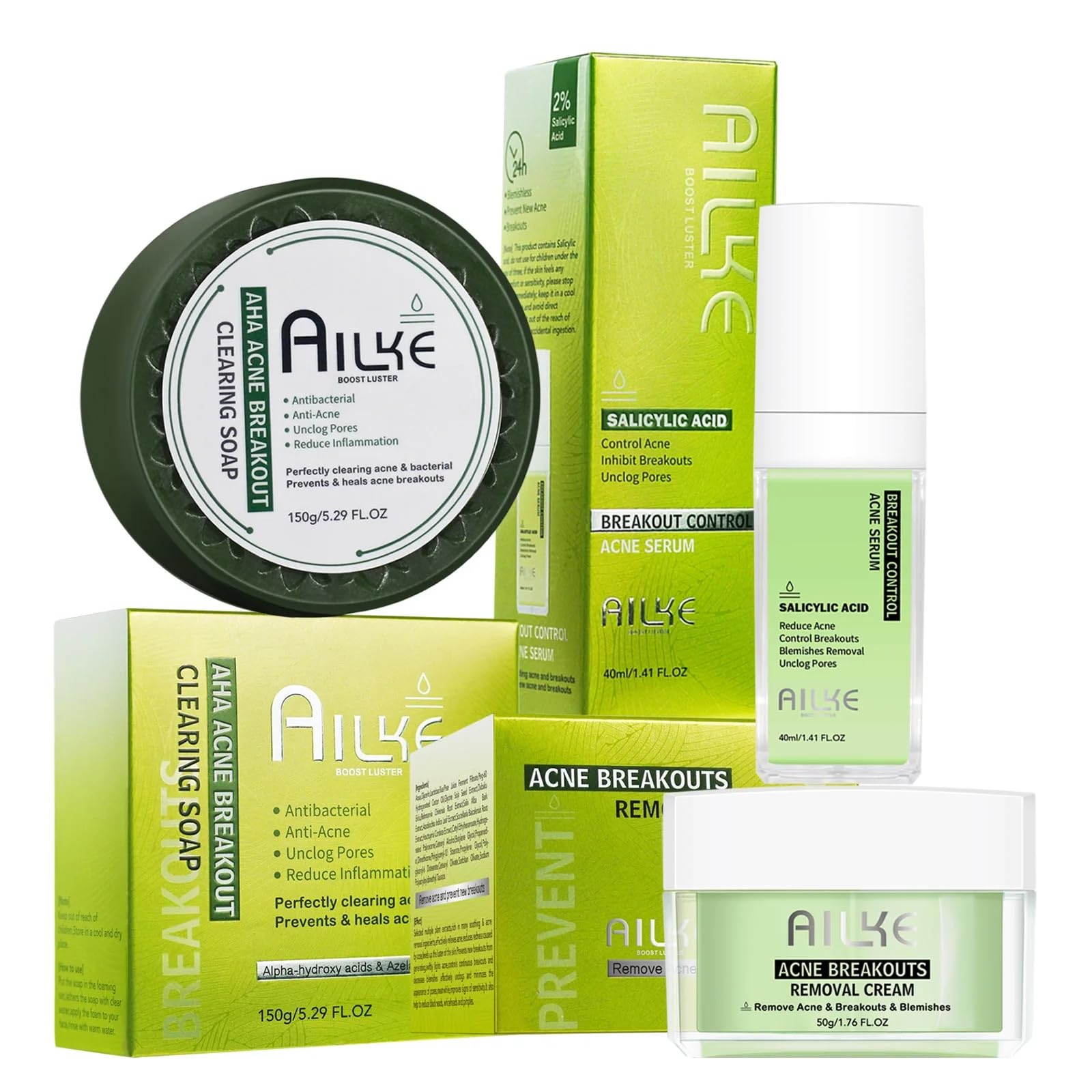 AILKE Salicylic acid Acne Removal Cream, Effectively Anti Acne-prone Skin, Control Breakouts, Reduce Blemishes, Unclog Pores, Repair Post-Acne Marks. All Natural (BREAKOUT CONTROL ACNE 3 in 1 SET)