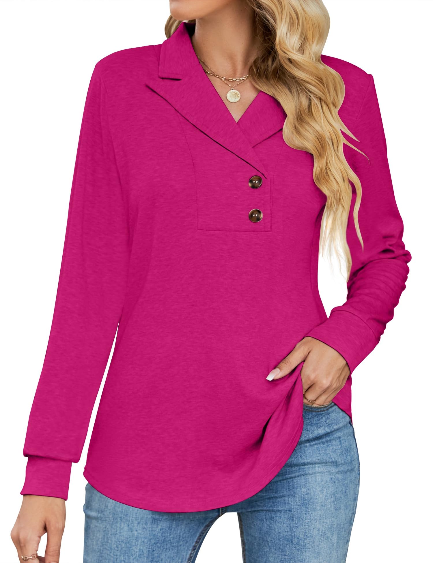 Micoson Tunique à manches longues et col en V pour femme - Col en V - Style décontracté, rose vif, XX-Large