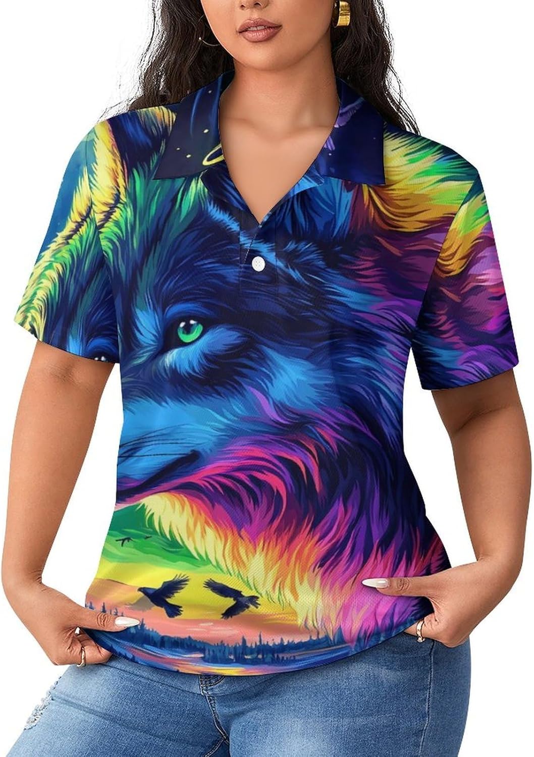 Wolf Womens Golf Polo Shirts Summer Short Sleeve Collared 3 Buttons T Shirt Activewear Tops