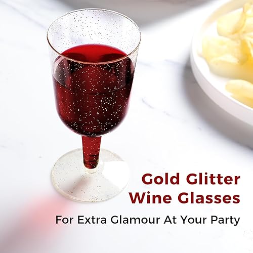 Miniatura 5 de Paquete de 30 copas de vino de plástico de 6 onzas – Mini copas desechables con purpurina dorada con base extraíble para bodas, fiestas, champán,