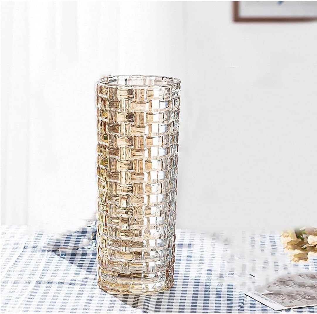 Ribbed Woven Large Glass Crystal Gold Vase-11.8 inch Tall,Modern Vases for Living Room, Dining Table, Entryway, Shelf, Wedding, Office, Coffee Table, Birthday.