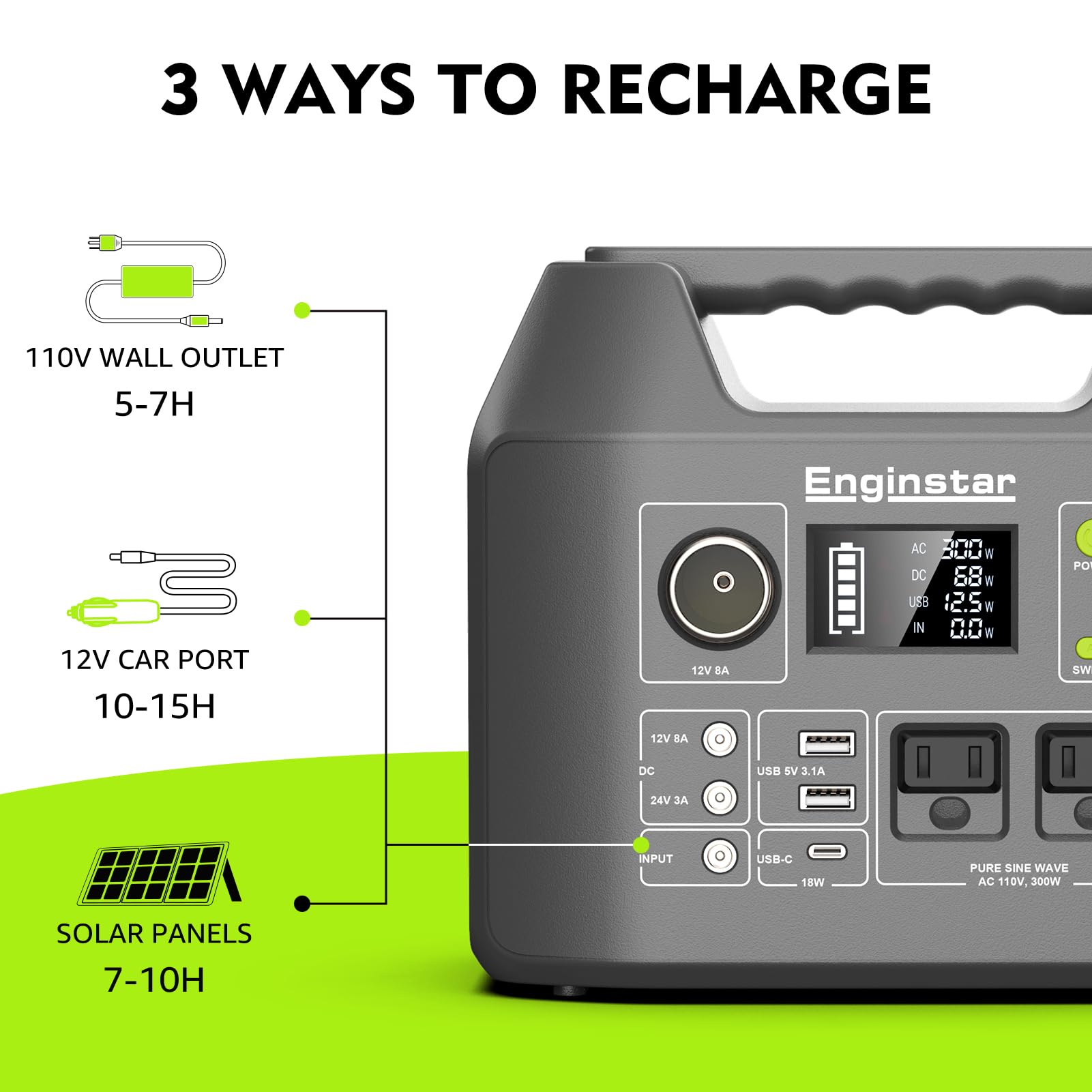 EnginStar Generatore solare, stazione di alimentazione portatile, batteria al litio da 300 W, 296 Wh con due uscite sinusoidale da 110 V, per campeggio, viaggi