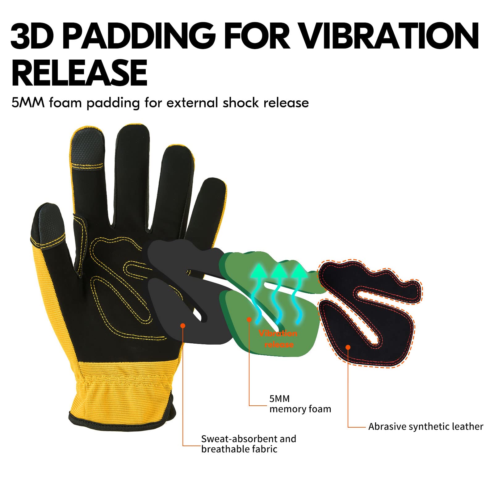Vgo... Work Gloves Touchscreen Utility, Safety Working Gloves Men for Building Warehouse Delivery 1 pair, Yellow, XXLarge(pack of 1) - Image 3