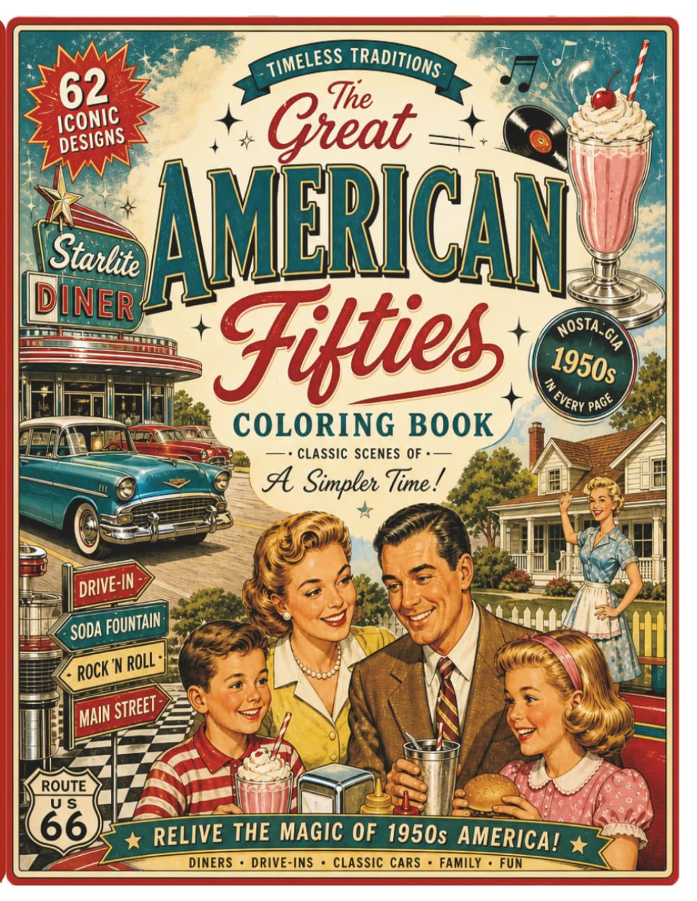 Retro 1950s Americana Coloring Book: Cozy Vintage Mid-Century Scenes for Relaxation and Nostalgic Coloring: Featuring Classic Diners, Vintage Cars, ... and Relaxing Nostalgia-Inspired Line Art
