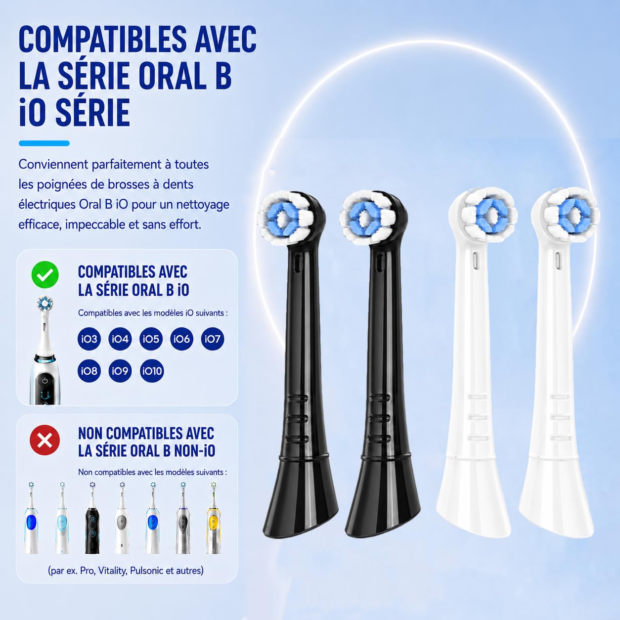 Brossettes de Rechange Compatibles avec Oral B iO, Têtes de Brosse à Dents iO Compatibles Série 2/3/4/5/6/7/8/9/10, Nettoyage Doux des Gencives, Lot de 8 Noires, 2 Cartes