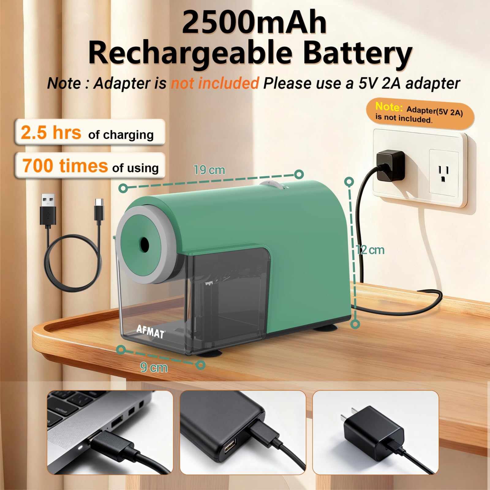 AFMAT Taille-Crayon Électrique Entièrement Automatique Rechargeable avec Réservoir - Plus de 10 000 Utilisations - Taille-Crayon Rapide Haute Performance pour N° 2/Jumbo/Crayons (φ6,5-10,5mm) - Vert