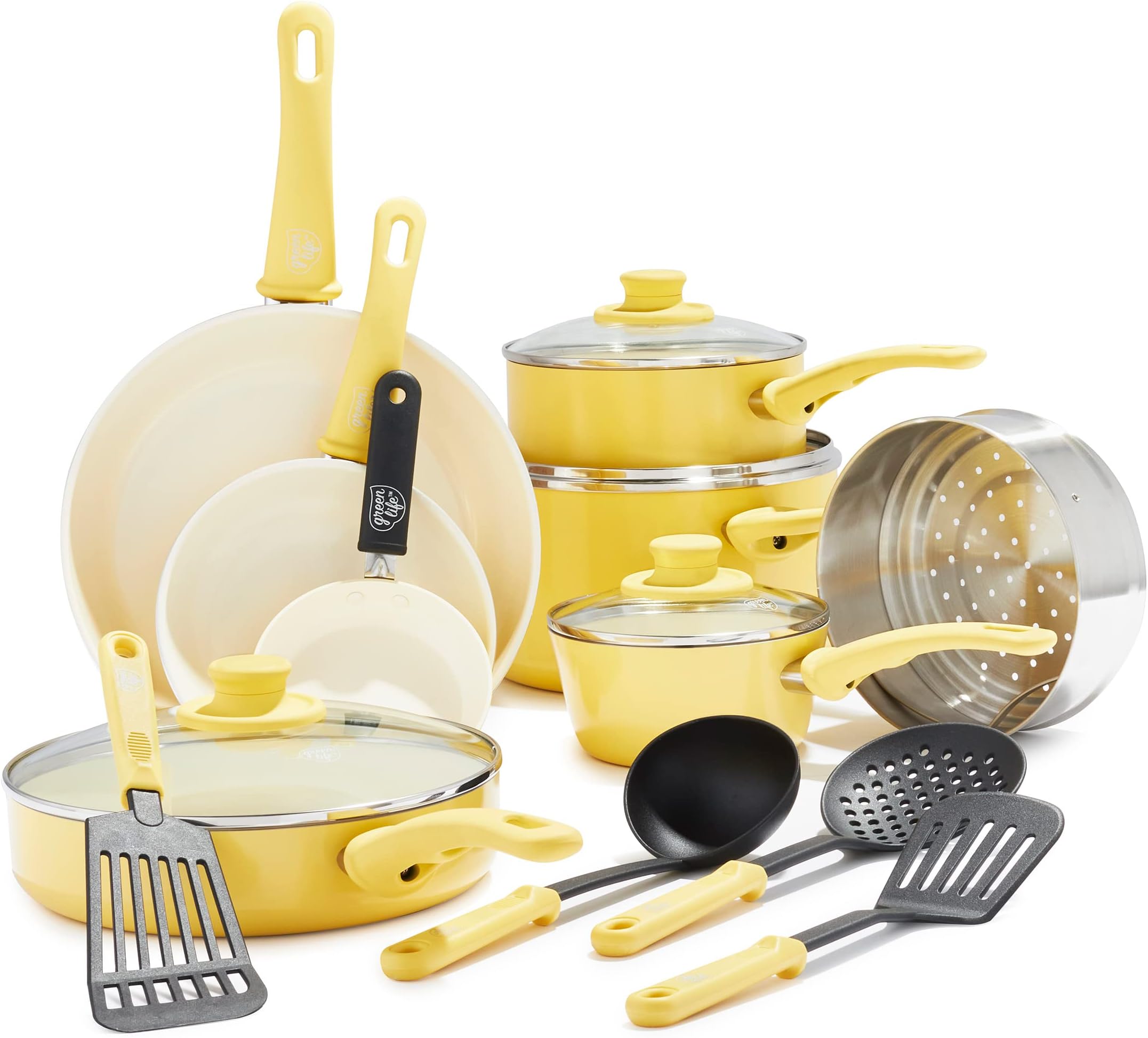 GreenLife Soft Grip Cookware Set, 16-Piece Non-Toxic PAS Free Ceramic Non-Stick Fry Saute Cookware with Glass Lid and Cool Handle Wobble-Free Dishwasher Oven Safe Yellow