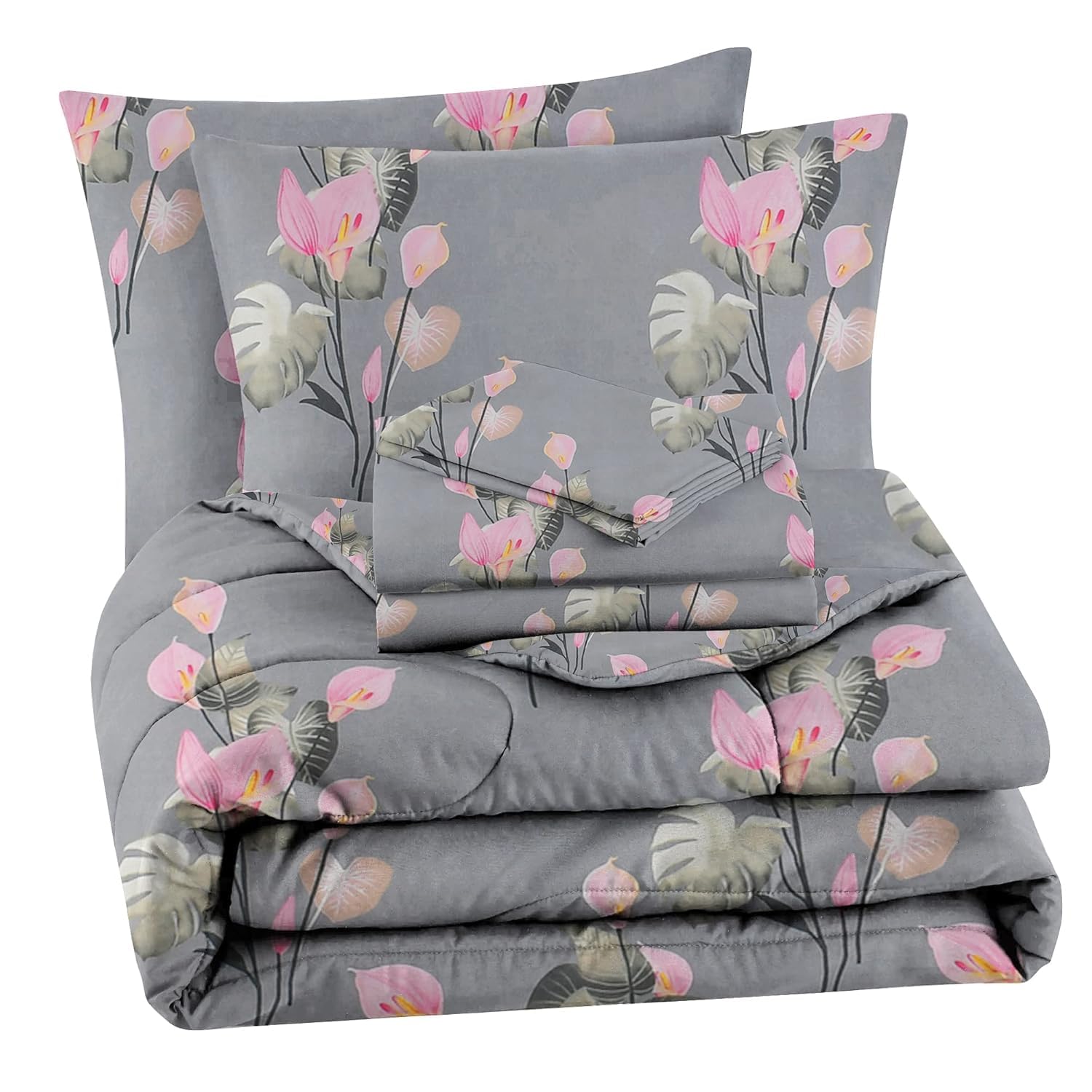 HOMEKART 220 GSM Microfiber 4-Piece Comforter Bedding Set for Double Bed | King Size AC Comforter with Flat Bedsheet (90x100 Inch) & 2 Pillow Covers | Soft, Lightweight & All-Season | Grey & Pink-image-47
