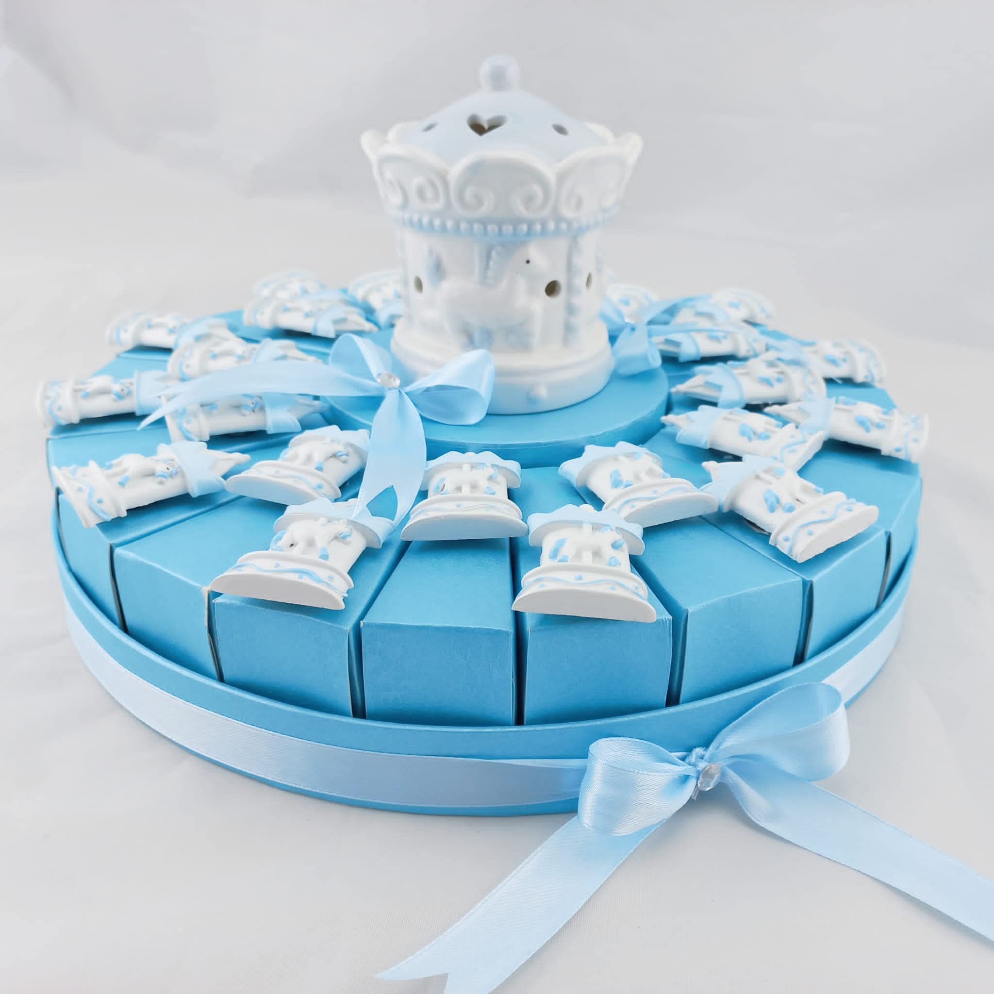 Tarta de recuerdo para nacimiento, carrusel, caballito celeste, para niños, para primer cumpleaños, original, para tarta de 24 unidades