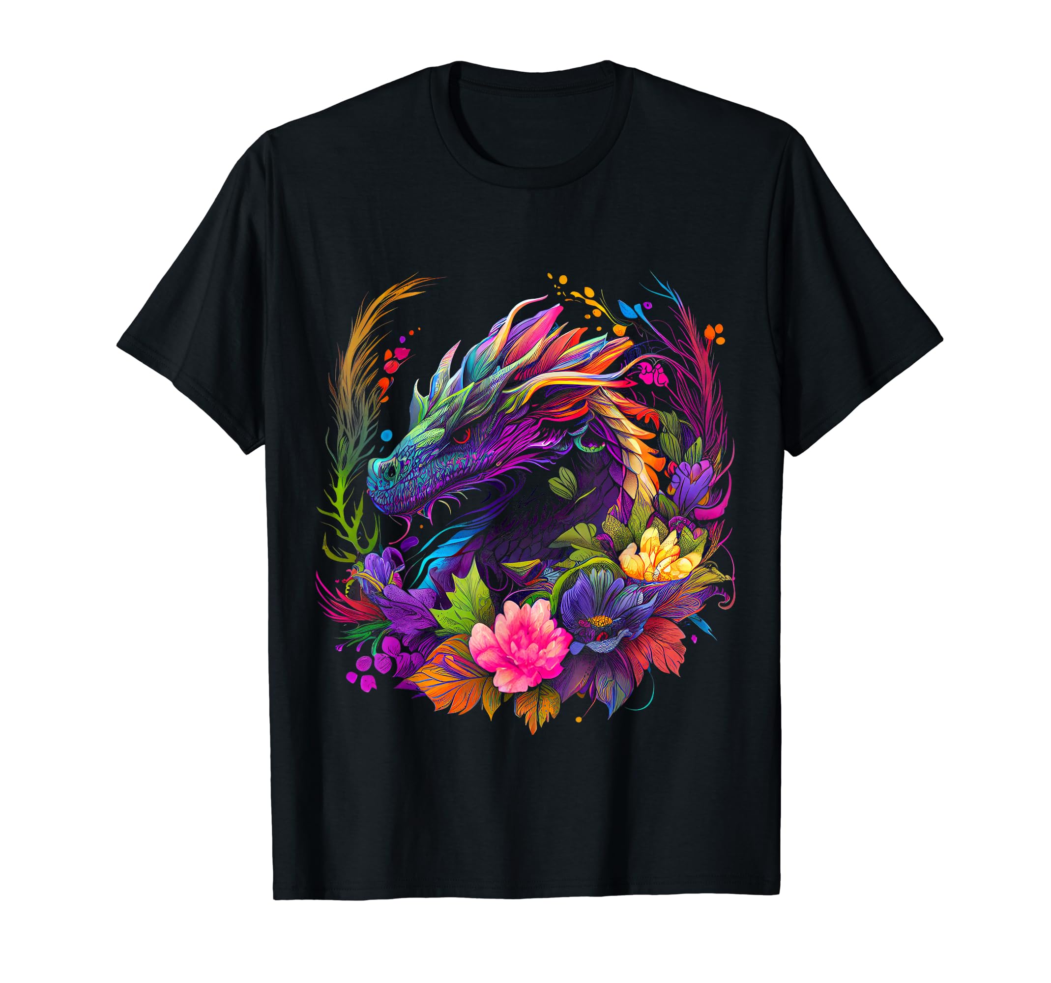 Watercolor Dragon Flowers Beautiful Art Colorful Graphic T-Shirt