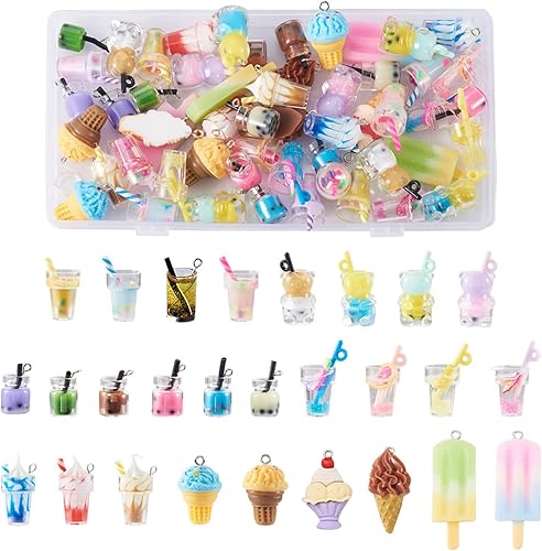 Cheriswelry 54 dijes para botellas de vidrio, de resina, con burbujas, para beber, leche, fruta, té, helado, colgantes con lazo de 0.78 a 1.65