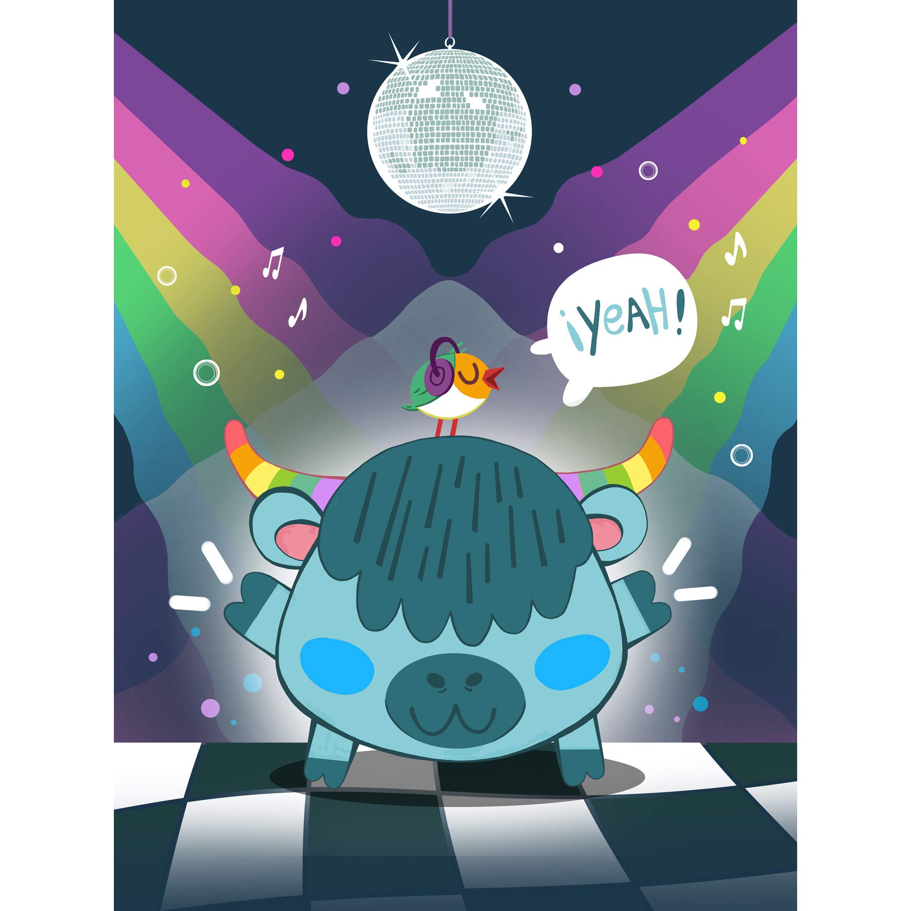 Wee Blue Coo Kawaii Cow Disco Party Large Art Print Poster Wall Decor