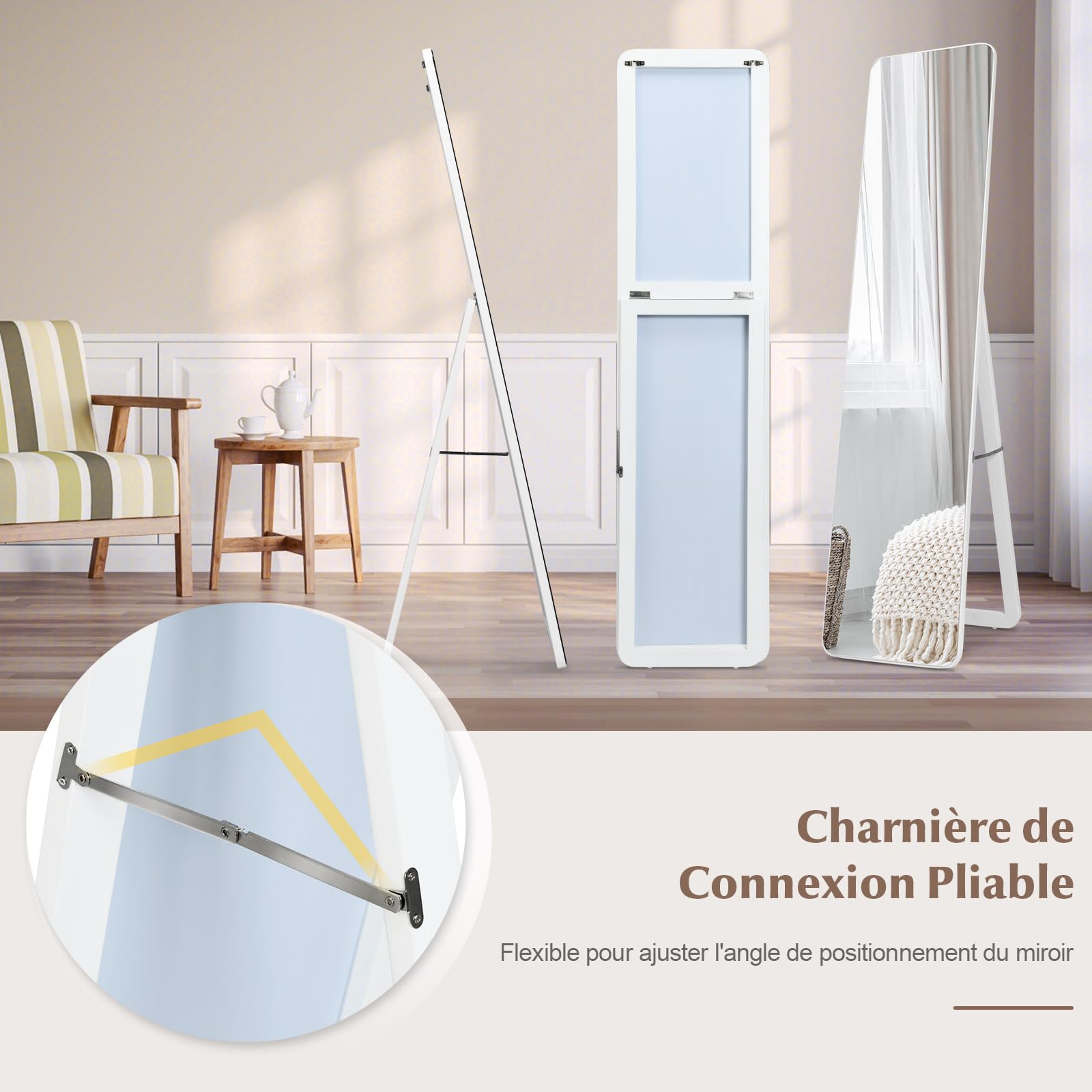 COSTWAY Miroir sur Pied Rectangulaire Style Contemporain, Bord Rond, Blanc