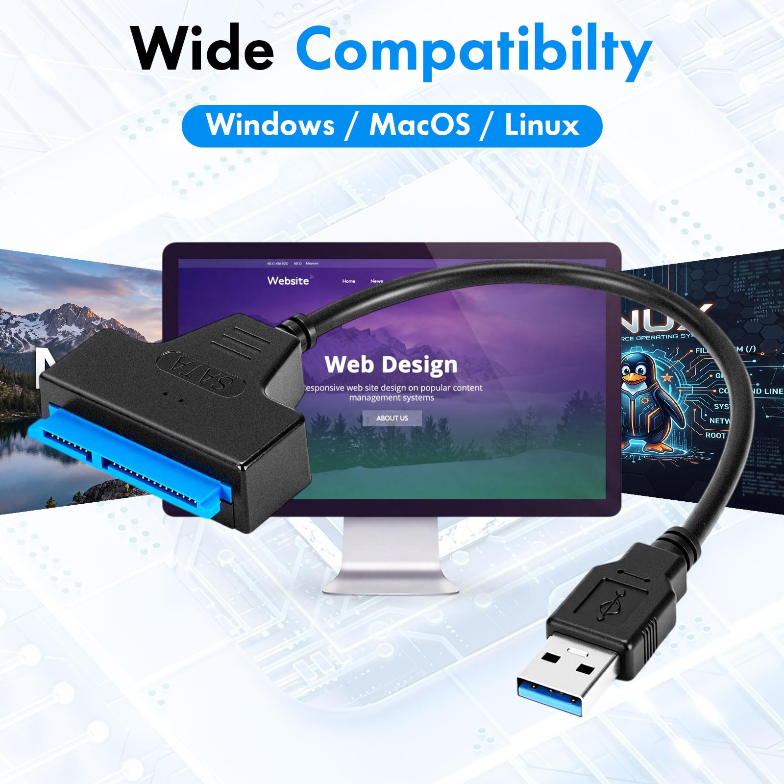 Confezione da 20 cavi adattatori da USB 3.0 a SATA, supporta Ssd/HDD da 2,5 ″ 3,5 ″ con porta di alimentazione CC, velocità veloce da SATA a disco rigido USB, strumento di trasferimento e