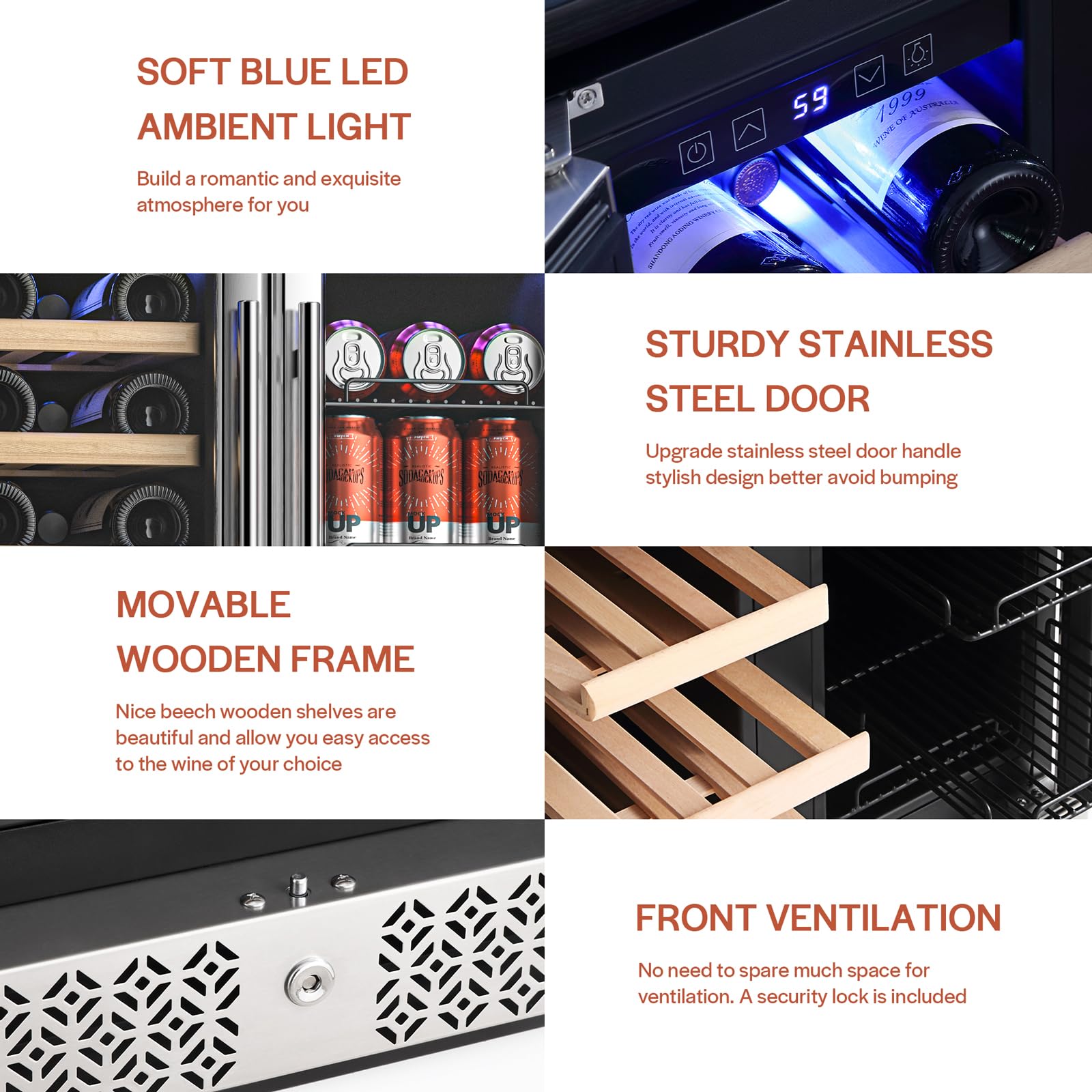 Empava 24" Dual Zone Wine And Beverage Refrigerator Cooler, Freestanding Or Under Counter Fridge Chiller With LED Light, 78 Cans And 20 Bottles Capacity, Touch Control, Stainless Steel on Fridge.com - View 6
