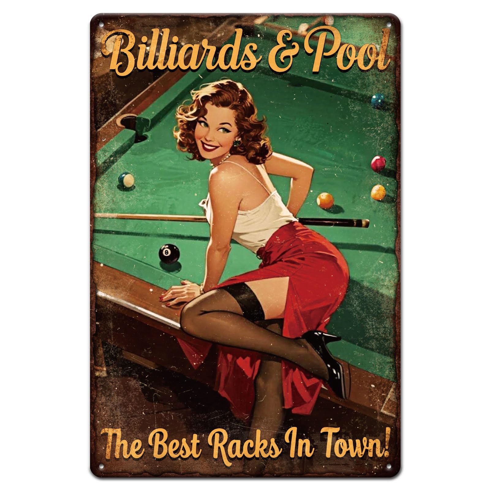 GLOBLELAND Vintage Billiards Lady Metal Tin Sign 12x8inch Billiard and Pool Tin Signs Retro Woman Metal Wall Decor for Home Room Farmhouse Cafes Bar Hallway Billiards Hall Decoration