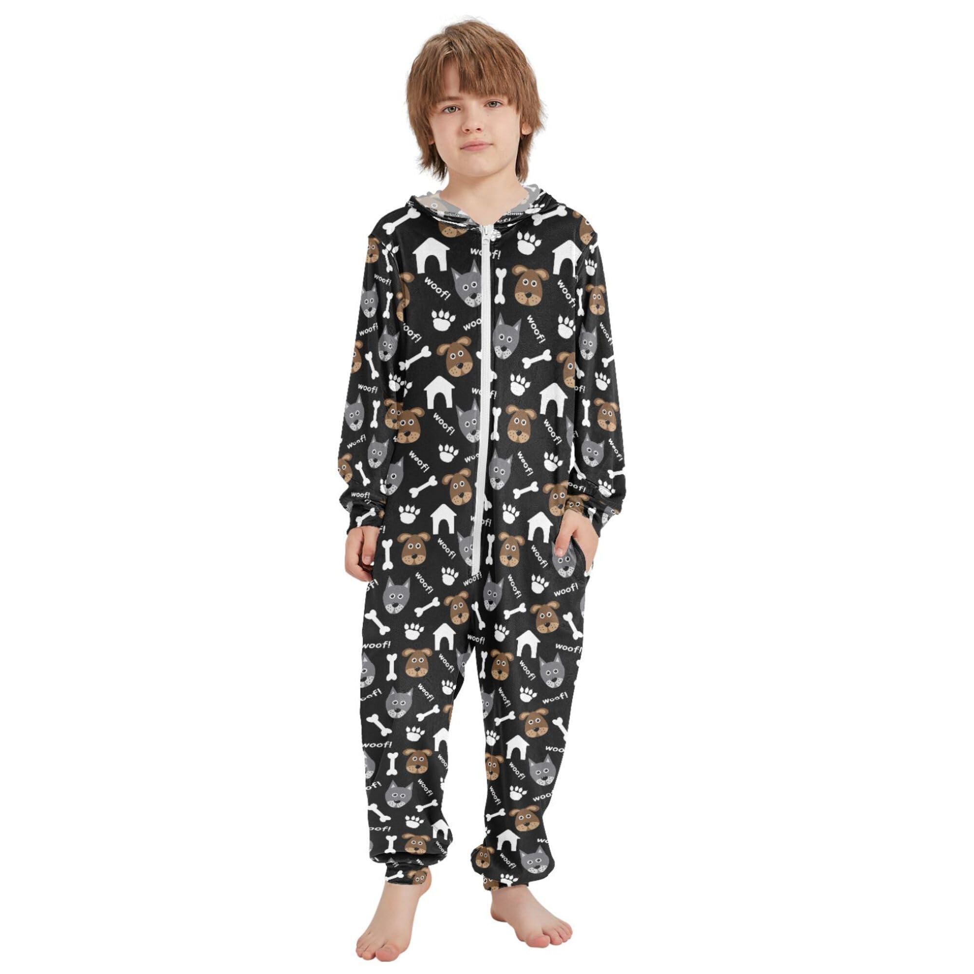 Pigiama intero in flanella con cappuccio e cerniera, tuta coordinata per bambini con cani e ossa, morbida e calda, abbigliamento sportivo per la casa, 5-6T