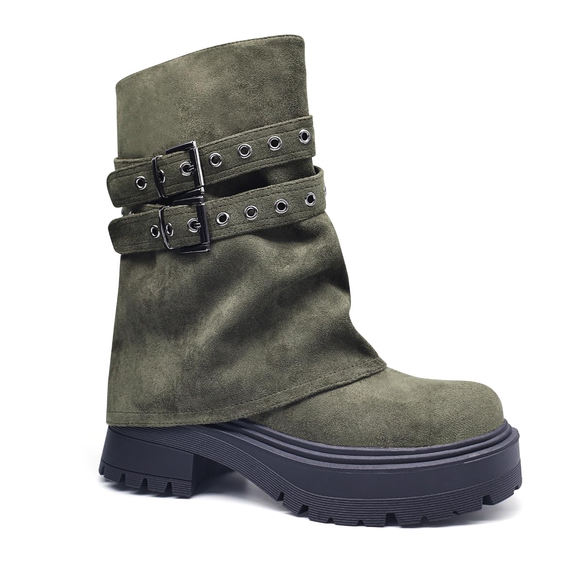 Womens Combat Boots with Double Buckle Straps Suede Platform Ankle Boots Side Zip Chunky Lug Sole