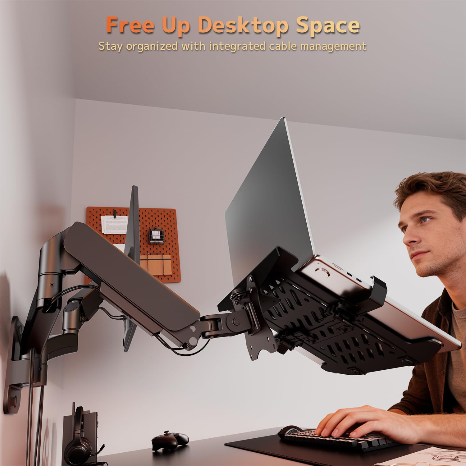 PUTORSEN Uchwyt ścienny do monitora z ramieniem na laptopa do ekranu 13-32" i notebooka do 17,3", pochylany obrotowy uchwyt na laptopa, uchwyt ścienny, VESA 75 x 75-100 x 100 mm