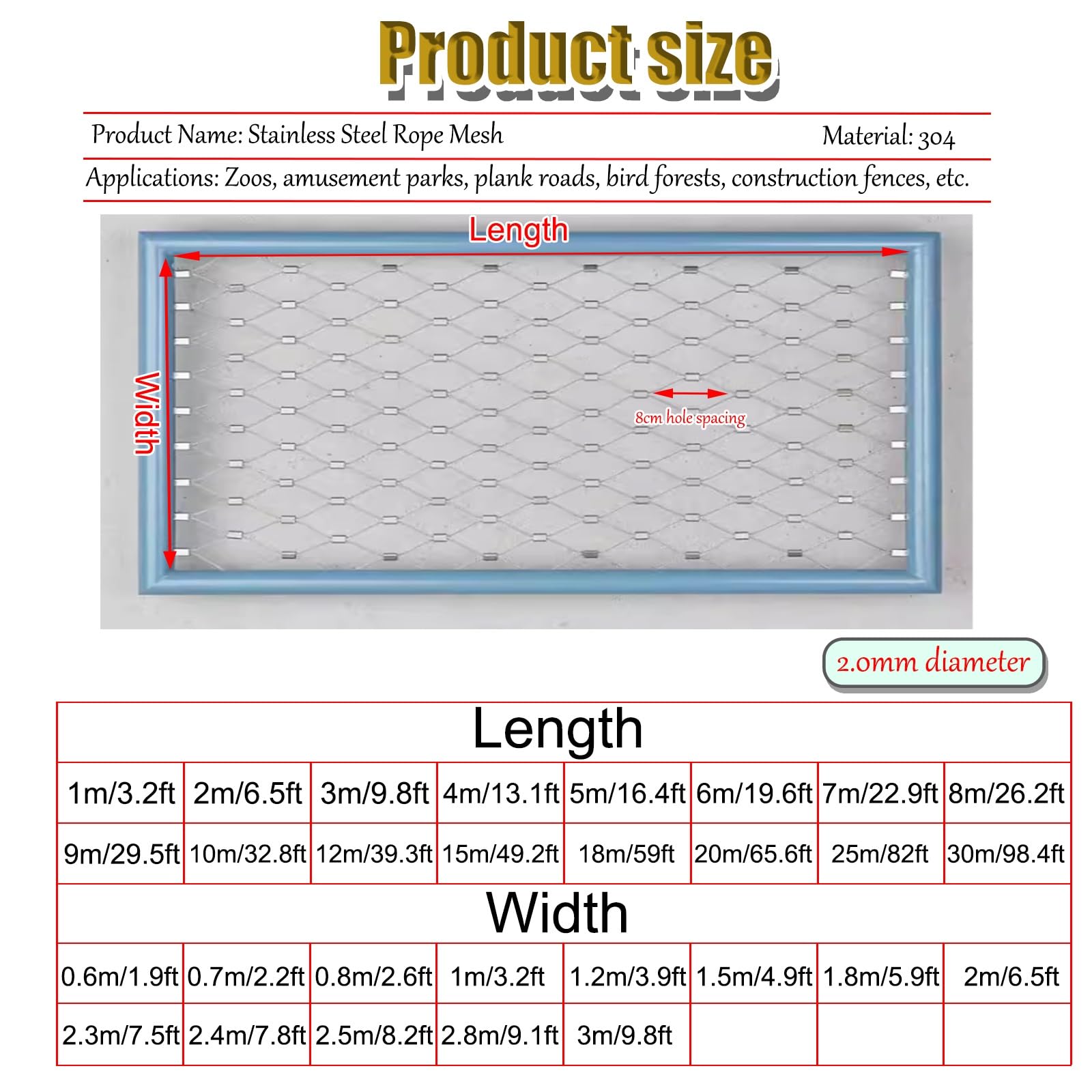 Flexibles Sicherheitsnetz für Treppenschutz, langlebiges 304 Edelstahl-Seilnetz, dehnbares Balustraden-Füllnetz, Mehrzweck-Zoo-Sicherheitsnetz (4'/13.1' x 9.8')