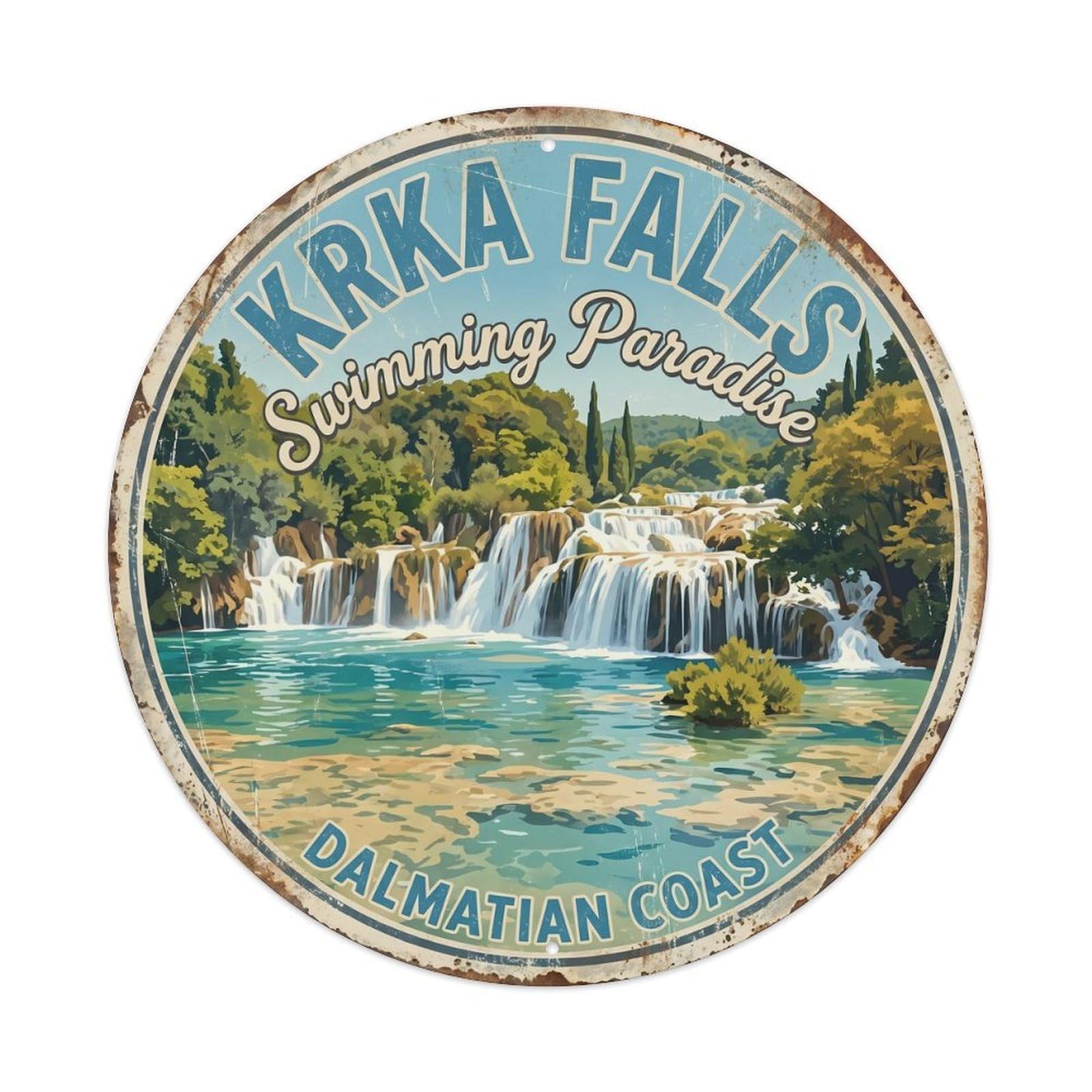 Vintage Travel Krka Croatia Dalmatian Metal Tin Sign Plaque Wall Decor for Cafe, Club, Garden Round Metal Poster 8x8Inch