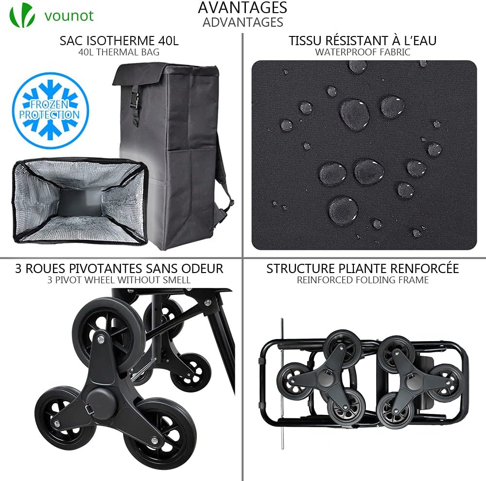 VOUNOT Shopping Cart features: 40L insulated bag, waterproof fabric, 3 pivot wheels, reinforced folding frame.