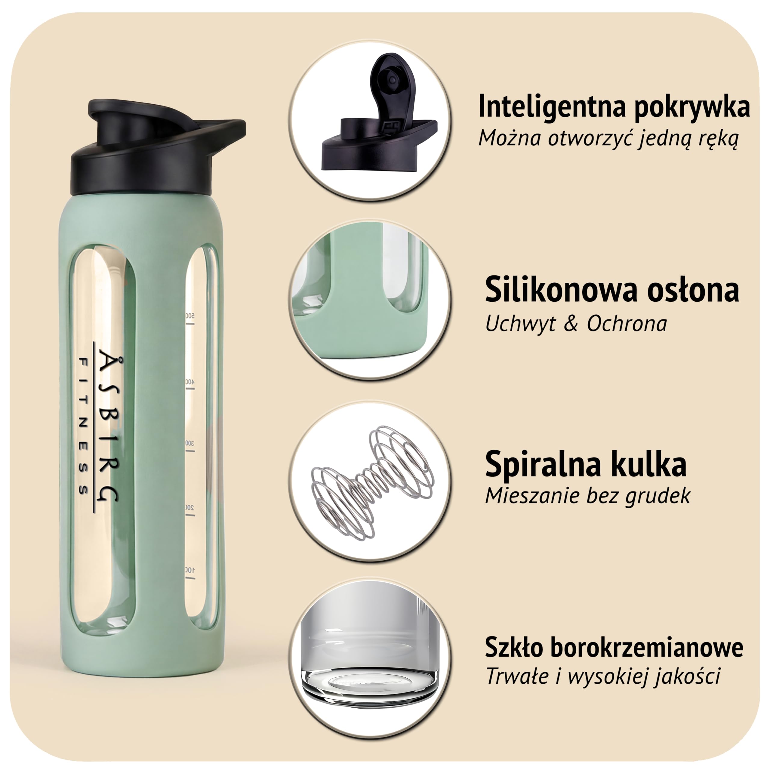 Fitness | Szklany shaker do białka 700 ml – butelka sportowa z silikonową osłonką, szczelna pokrywka i kulka miksująca ze stali nierdzewnej | Pastelowa Zieleń