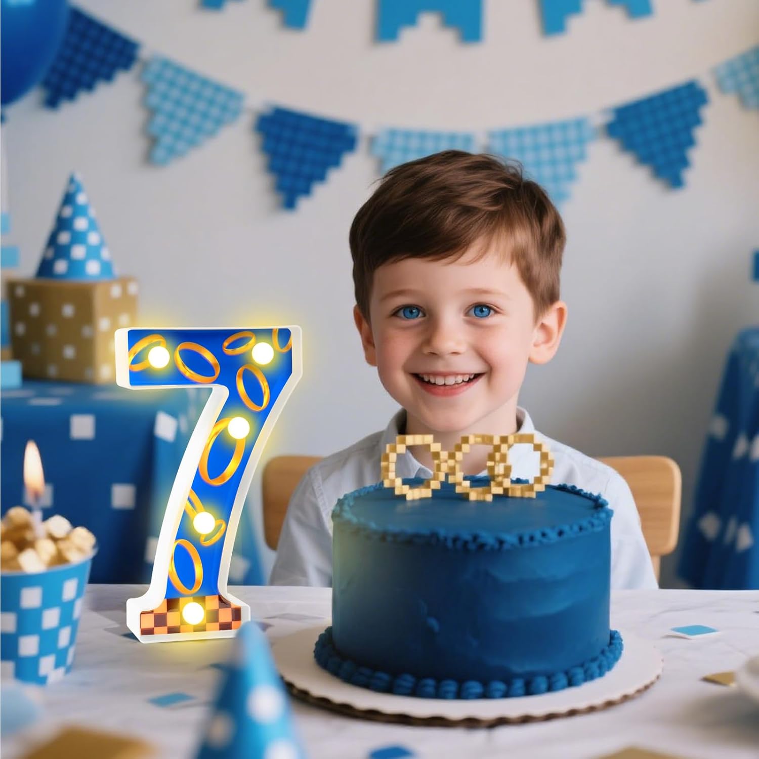 LED Numbers Night Light(7)– Light Up Number Sign for Kids Birthday Party, Marquee Numbers with Warm White Glow, Battery Operated Blue & Gold Digits for Sonic Theme, 8.66 x 5.91 in image 4
