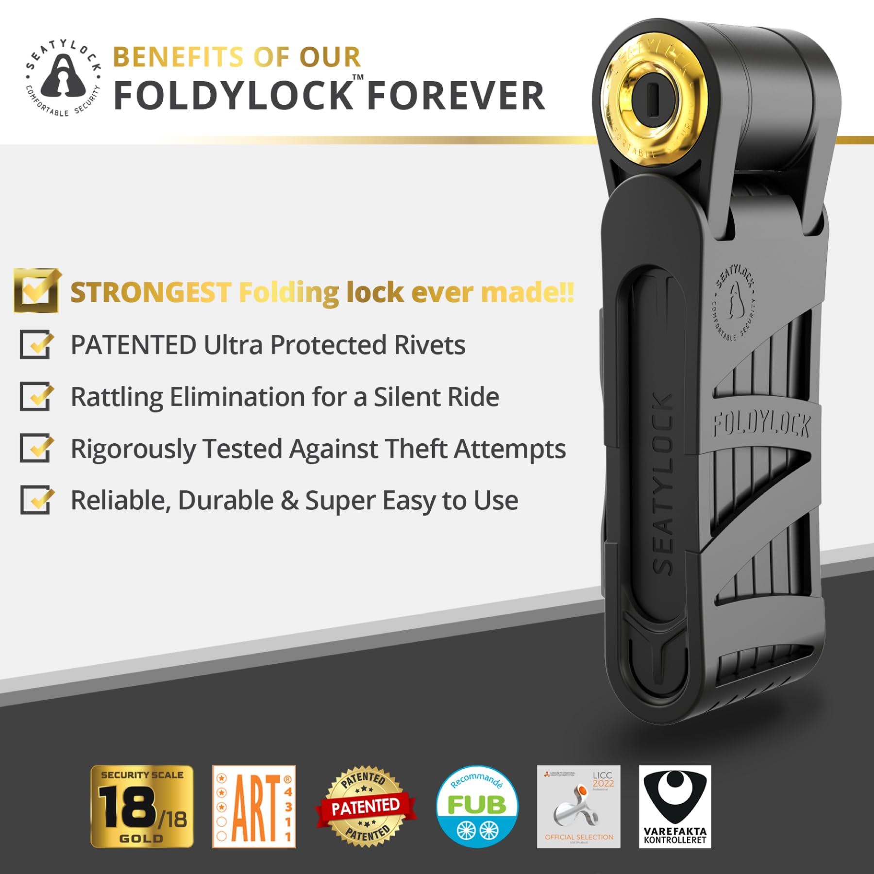 FoldyLock Forever, lucchetto pieghevole per bicicletta, elegante, brevettato, ad alta sicurezza, classificato oro, resistente, antifurto, con chiavi e supporto per custodia per e-bike da città, 90 cm