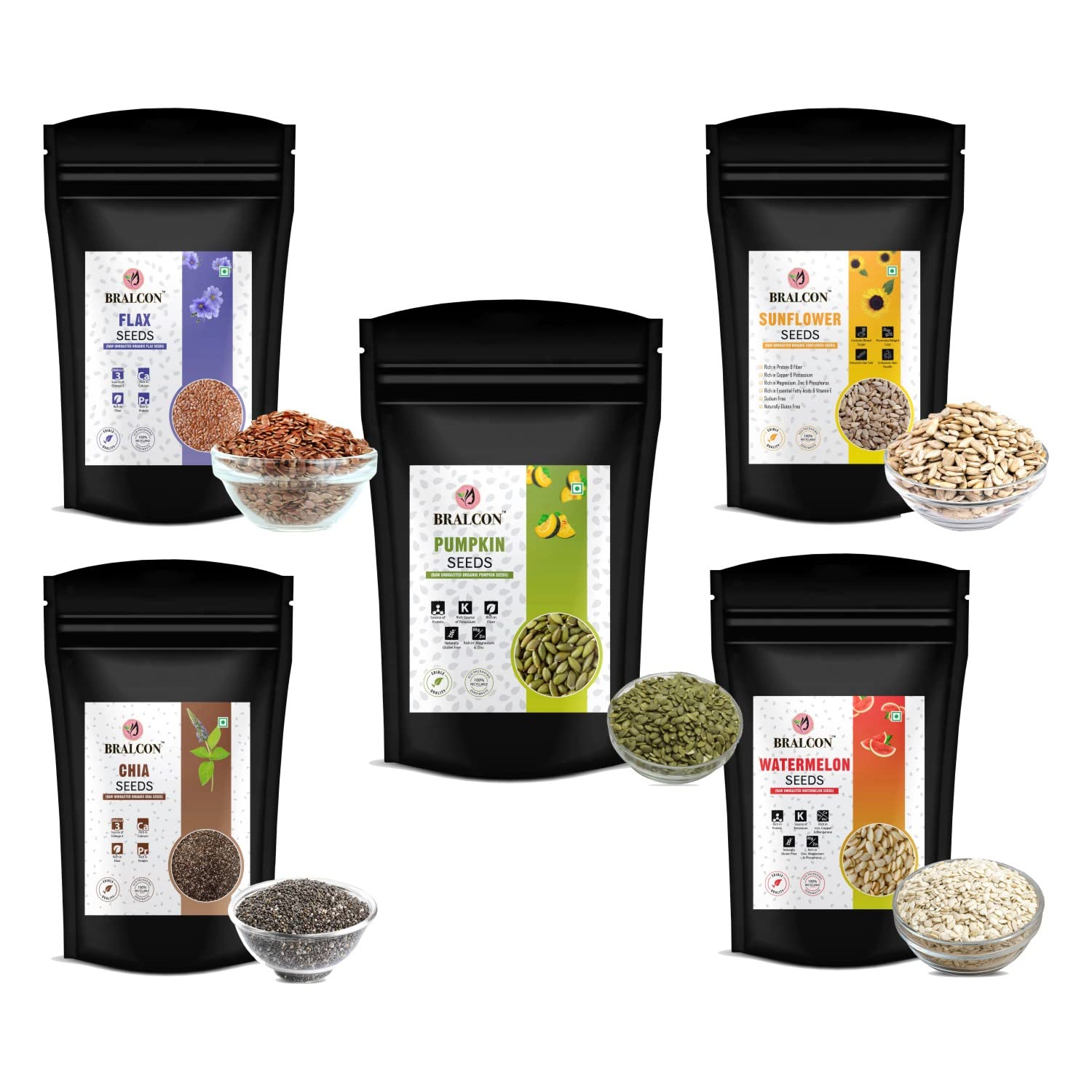 BRALCON Seeds Combo of Chia, Watermelon, Pumpkin, Sunflower, Flax Seeds - 500g (5 x 100g Each Pack) | Unroasted Mix Seeds for eating with Omega 3 and rich in Fiber, Protein for Weight Loss (B0BDQZ6CYW) Amazon Price History, Amazon Price Tracker