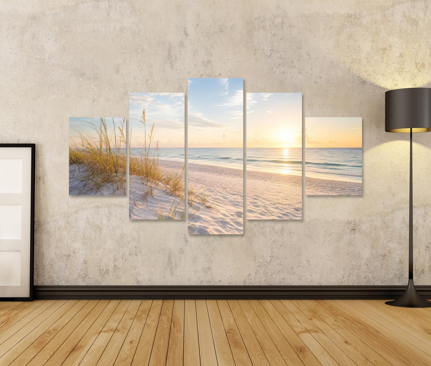 islandburner Cuadro sobre lienzo de ensueño amanecer en la playa, mural para salón, decoración para los amantes de la pasión por los viajes – 5 piezas