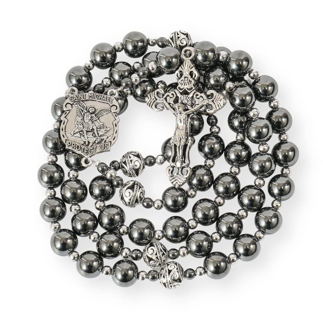 Hematite Stone Beads Rosary Necklace with Metal Mystery Beads St. Michael Medal & Silver Cross Rosary for Men and Women