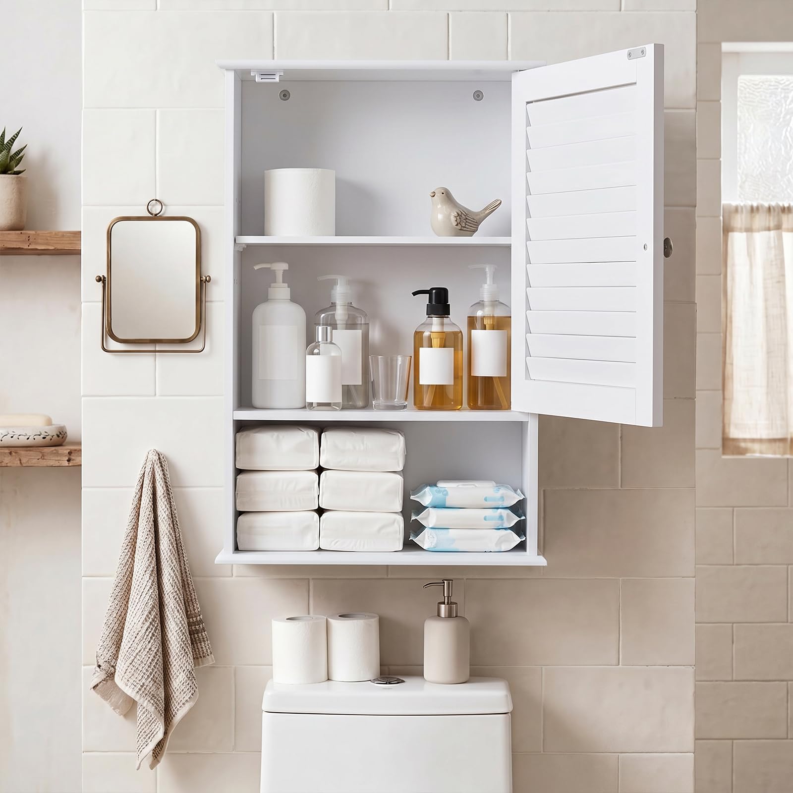 COSTWAY Hängeschrank Bad, Badezimmerschrank mit verstellbarem Einlegeboden, Wandschrank 42 x 16,5 x 70cm, Badschrank hängend, Schrank für Badezimmer, Küche (weiß)