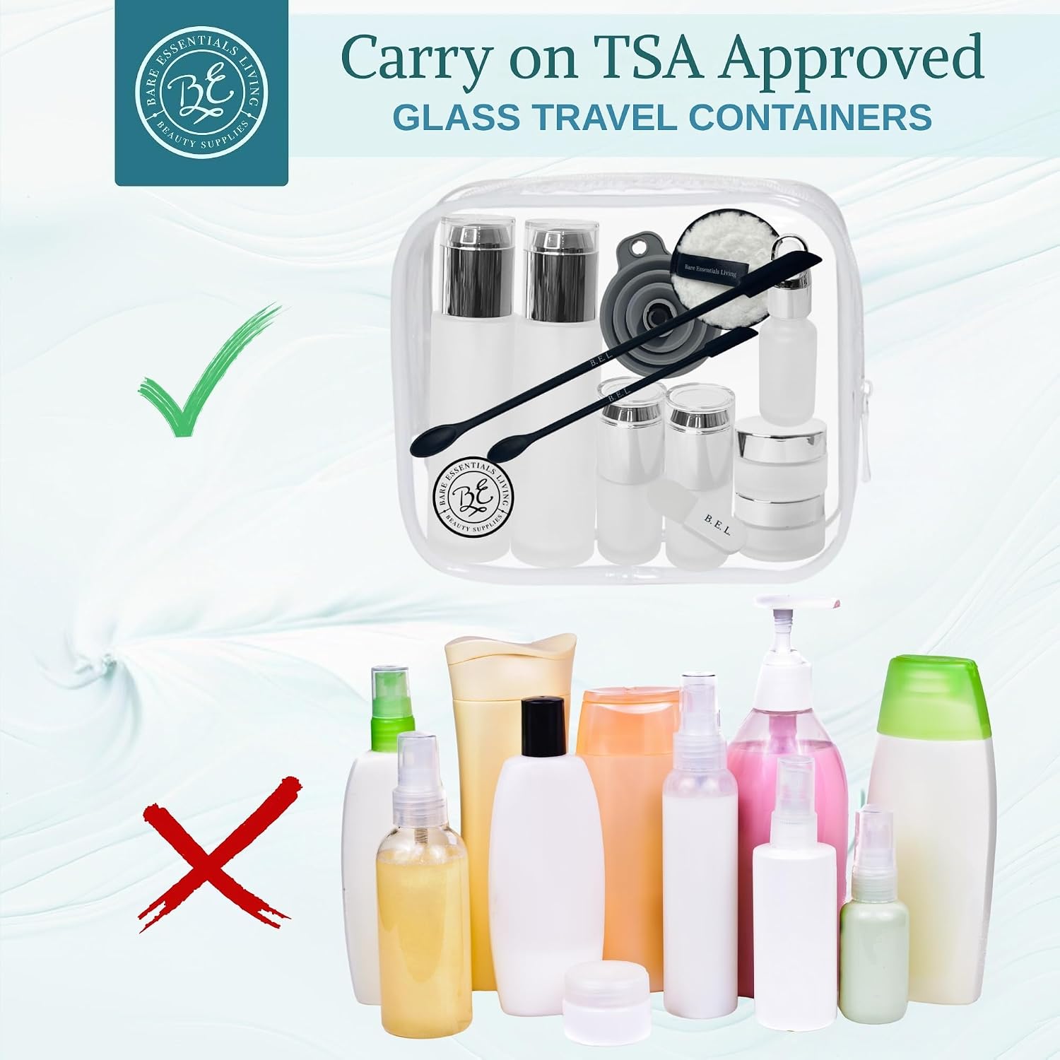 14 Pcs Glass Travel Skincare Containers Set-TSA Approved Toiletry Bag & Glass Travel Bottles for Toiletries Pump, Spray & Dropper Bottles Travel Size for Foundation, Serum Moisturizer Oil & Cream