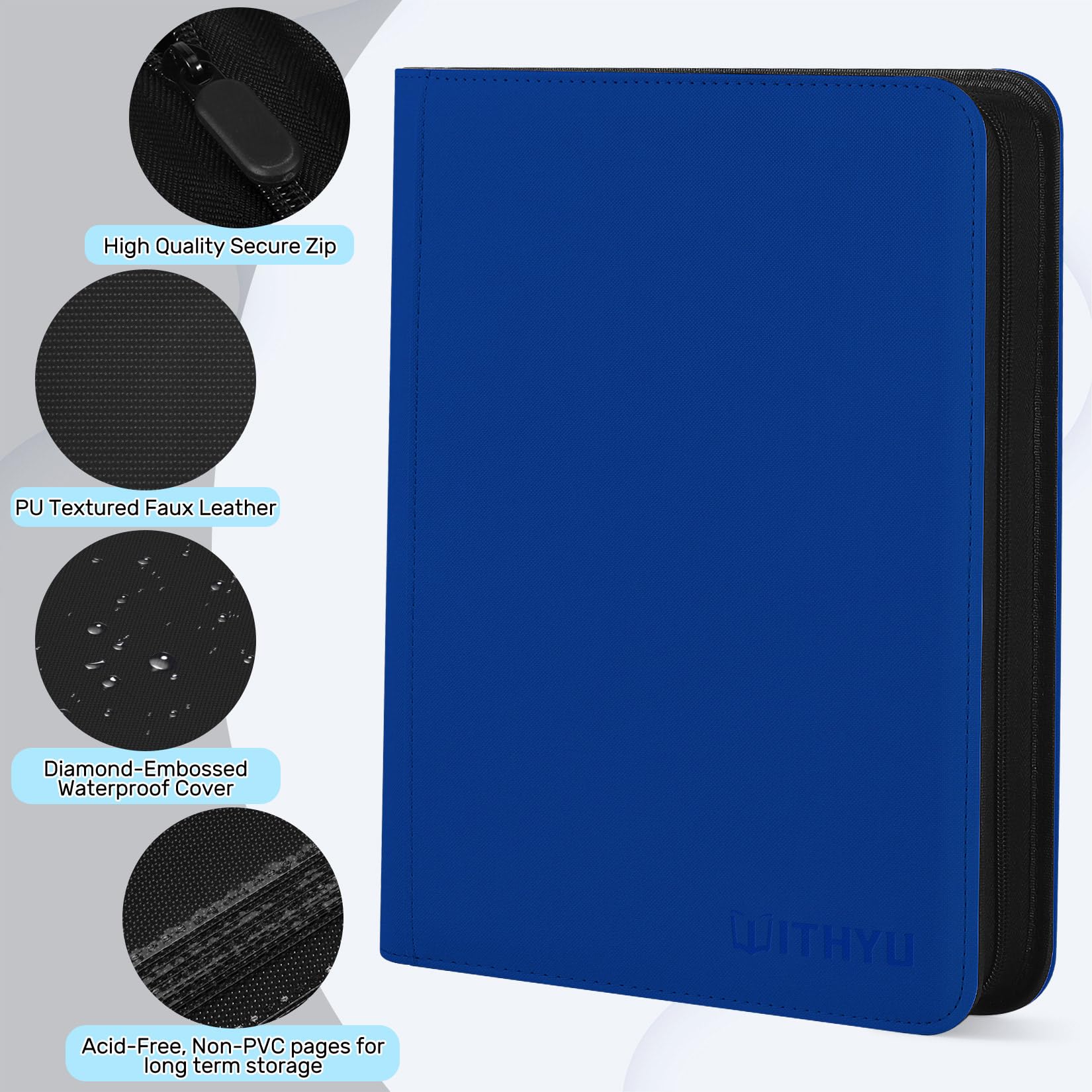 WITHYU Album da Collezione per Carte 16 Tasche - Capacità 1024 Carte, Portacarte Impermeabile & Resistente con Tasche Laterali per TCG/Gioco/Sport, Design Senza Anelli con Zip (Blu Scuro)