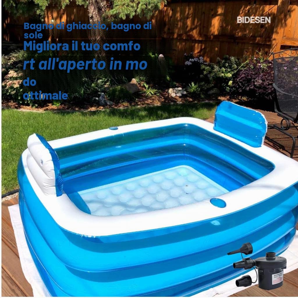 Vasca doppia gonfiabile con pompa d'aria elettrica e tappetino da bagno, vasca portatile per adulti, vasca idromassaggio pieghevole autoportante con portabicchieri di drenaggio