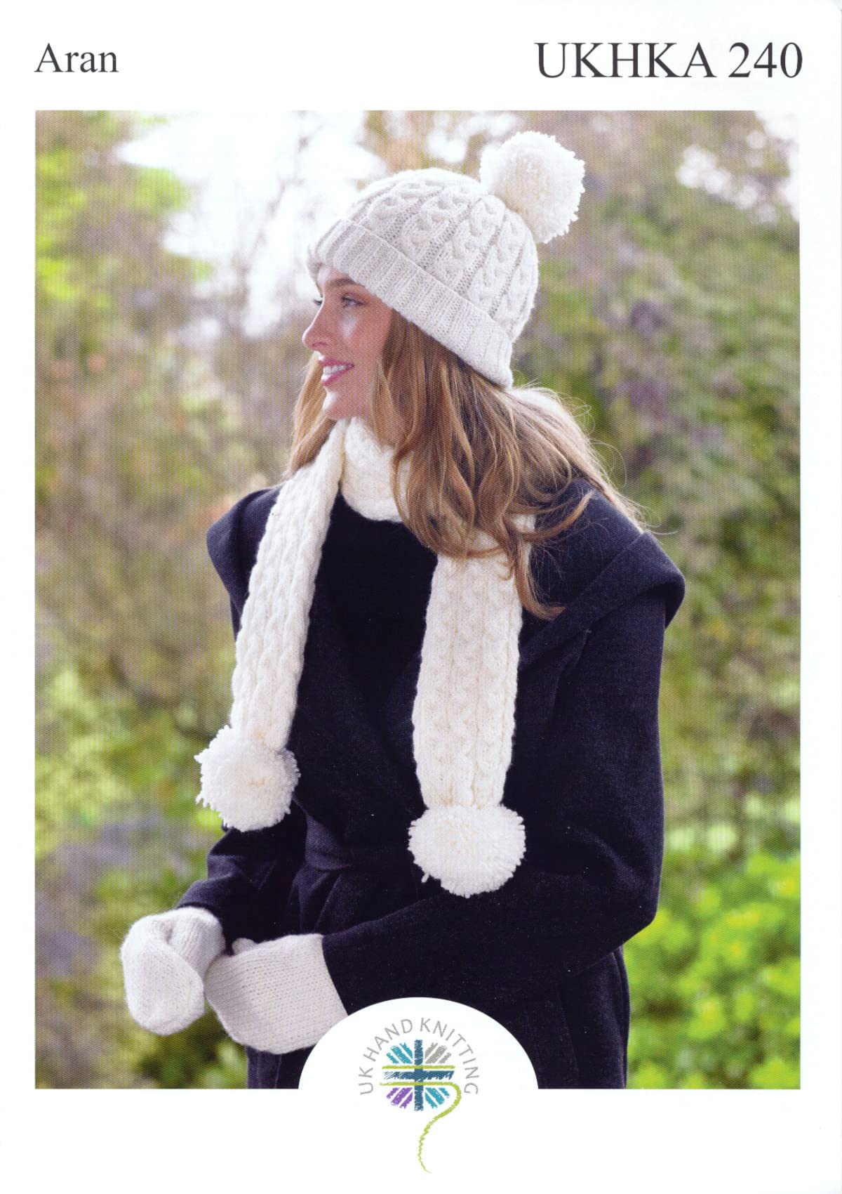 UKHKA Aran Knitting Pattern - Ladies Cable Knit Accessories Hat Scarf & Mittens 240