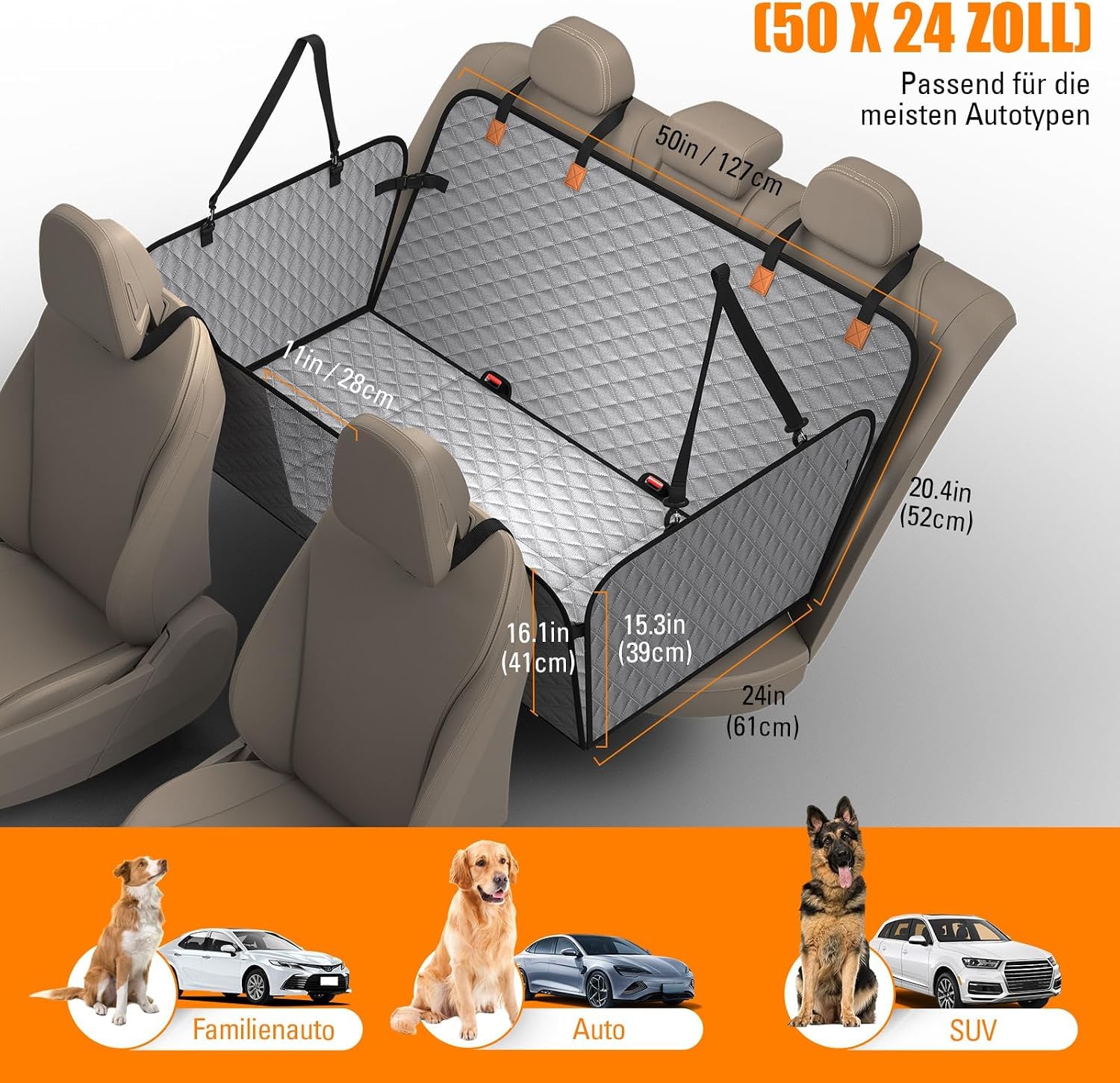 Pokrowiec na tylne siedzenie samochodu dla psa [127x62 cm], Wodoodporny, Odporny na zarysowania, Nośność 300 funtów, Ochraniacz tylnego siedzenia do SUV-ów i samochodów rodzinnych(szary)
