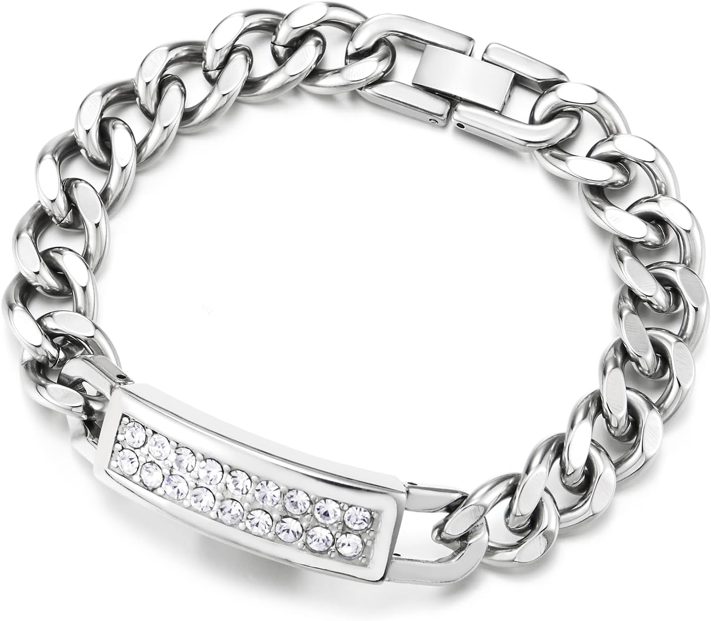 COOLSTEELANDBEYOND Stainless Steel Chain Bracelet for Men Women, Cuban Link Curb Chain with Pavé Cubic Zirconia ID Bar, Trendy Statement Jewelry