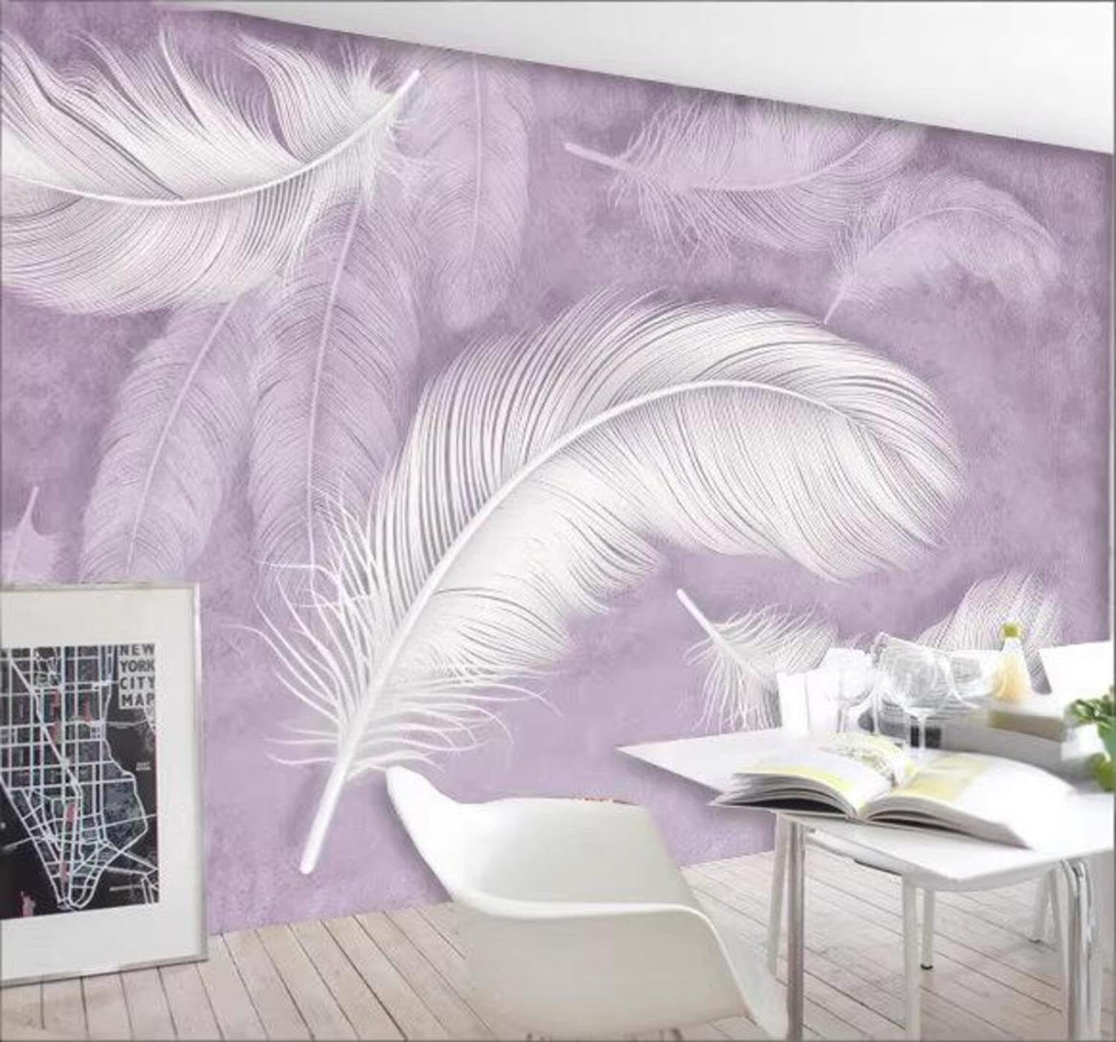 Hand Drawn Purple Minimalist White Feathers 3D Wallpaper Easy Install Feature Office Living Room Sofa Bedroom TV Background Wall Decoration-250cm×170cm