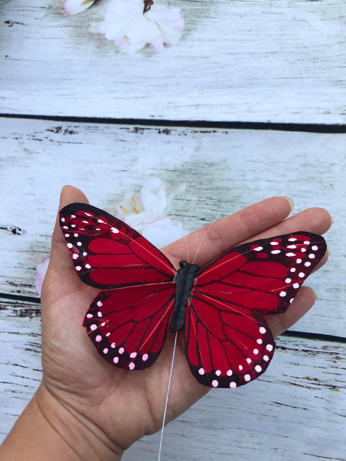 Nature's Net 5" Red Feather Monarch Butterfly Set of 12 Faux Butterfly Decoration Floral Picks Artificial Butterfly with Wire Cake Topper Scrapbooking Embellishment (Red)