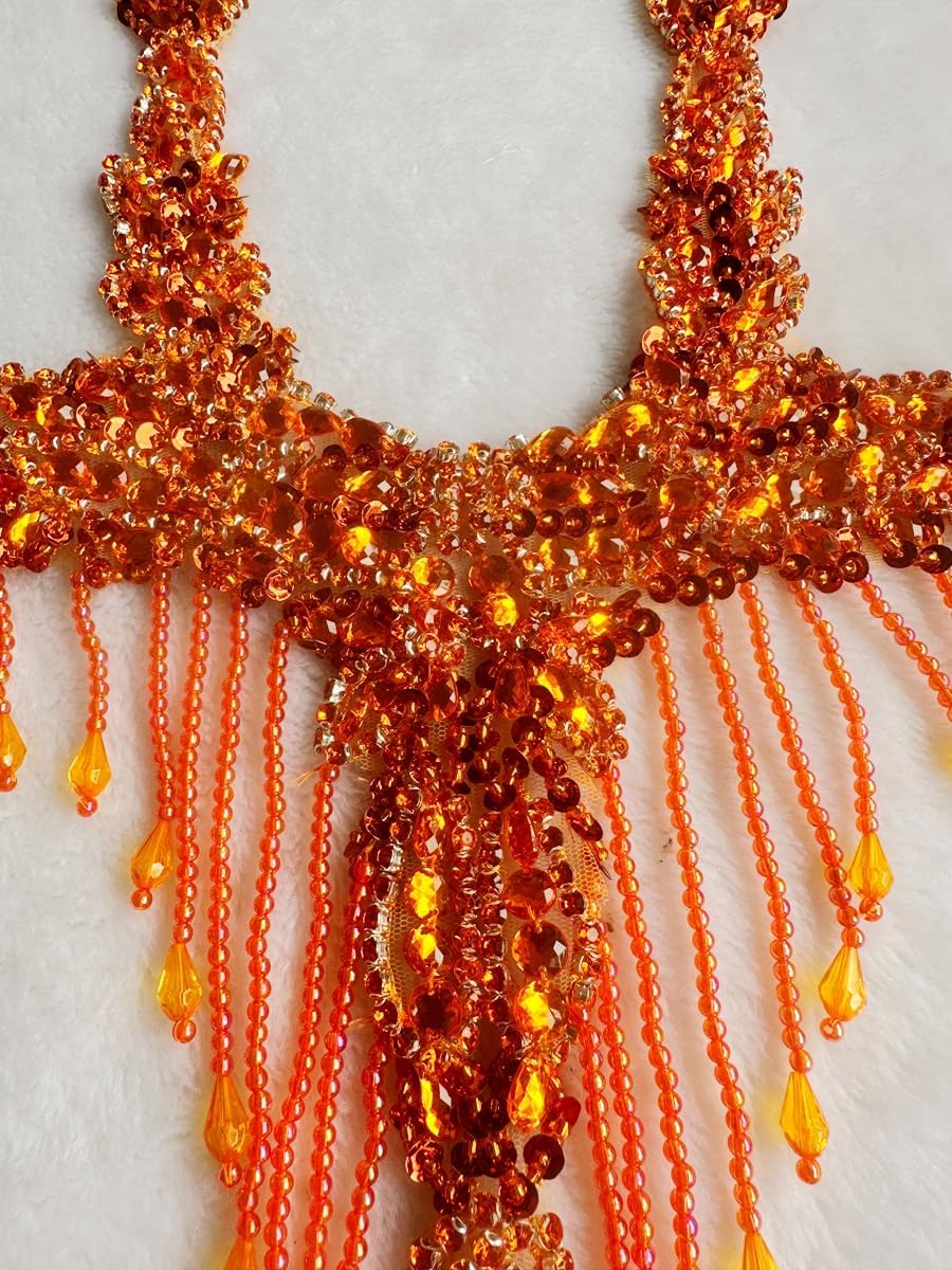 Pure Handmade Rhinestones Beads Patches Trim Bodice Applique Sewing Fringe Tassel Chain for DIY Clothing Wedding Decoration 15X19.6inches (Orange)