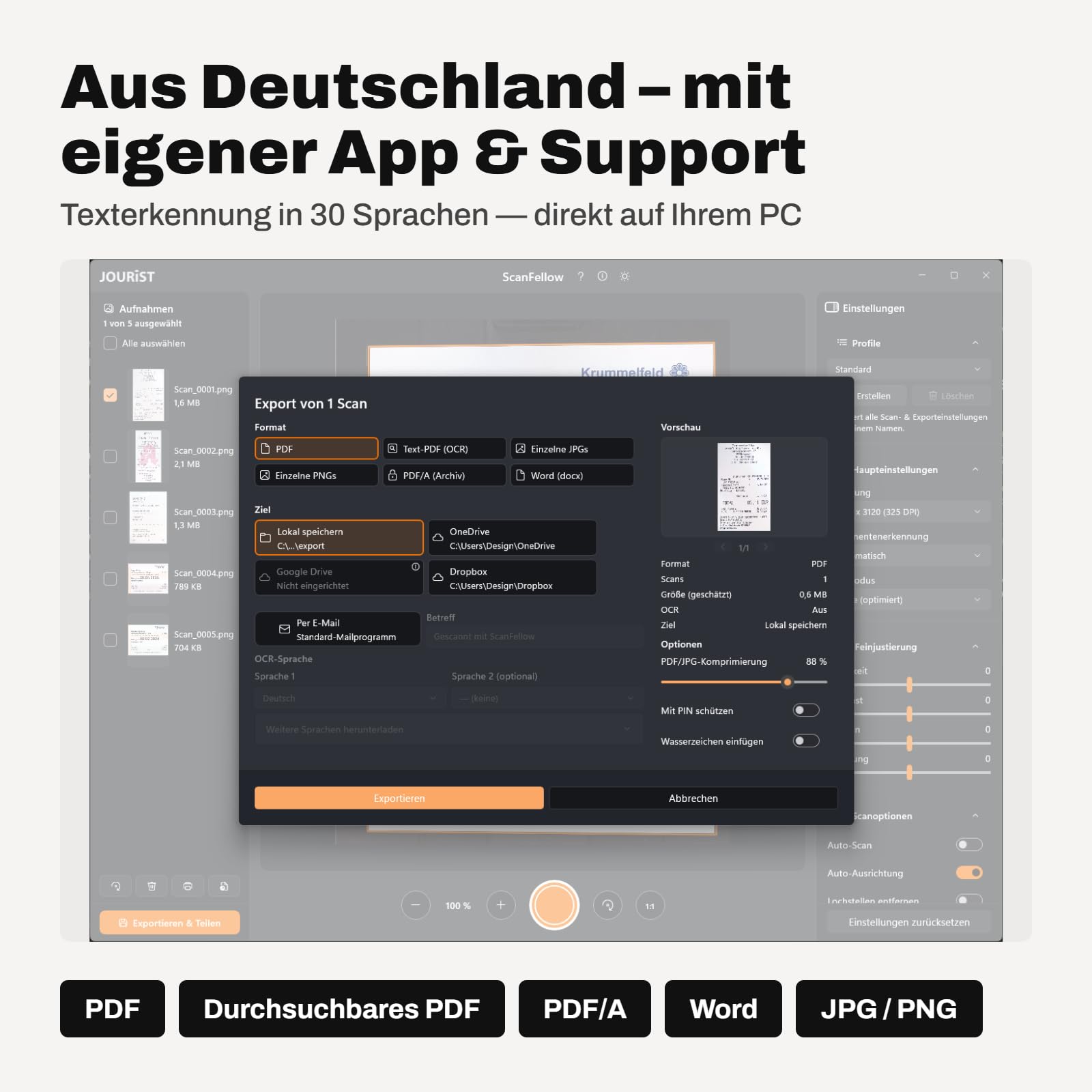 JOURIST ScanFellow DS130 Dokumentenscanner mobil & faltbar – Aufsicht-Scanner für Dokumente bis A4 | 13 MP, OCR, durchsuchbare PDF | 100% offline (DSGVO) | Windows, Mac, Chromebook, Linux