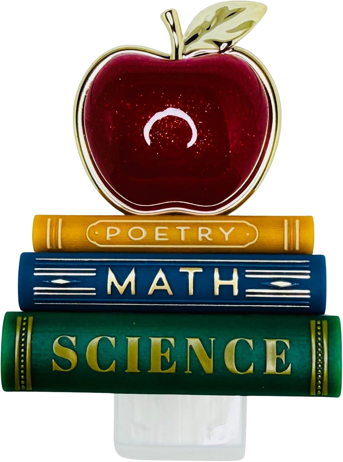 Bath and Body Red Apple On Books Adjustable Wallflowers Scent Control Fragrance Nightlight Plug | Stack of books with a red apple design, adjustable fragrance intensity, and soft ambient nightlight